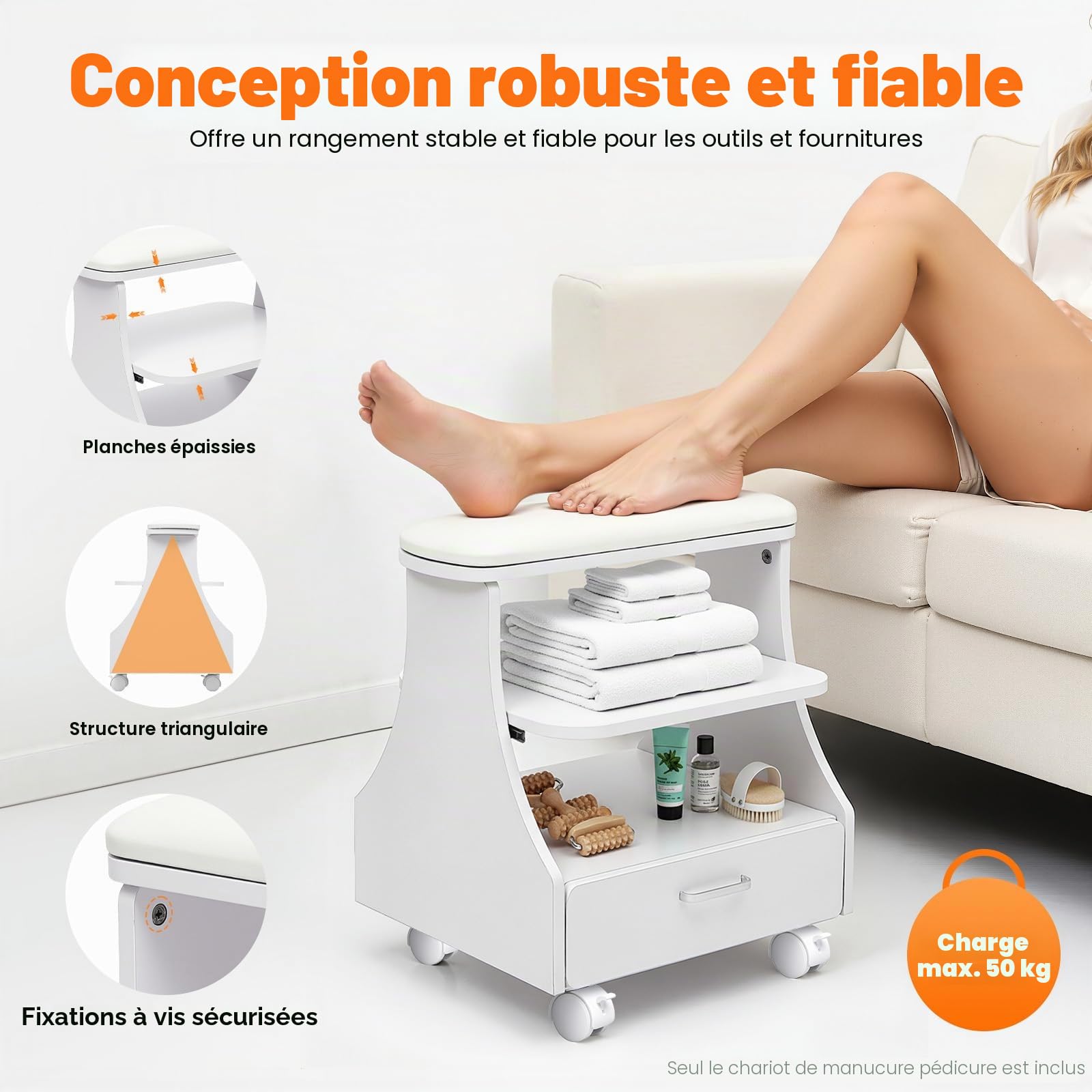 Chariot de pédicure, repose-pieds, manucure, avec roues, repose-pieds pour soins des ongles, idéal pour salon de beauté des ongles