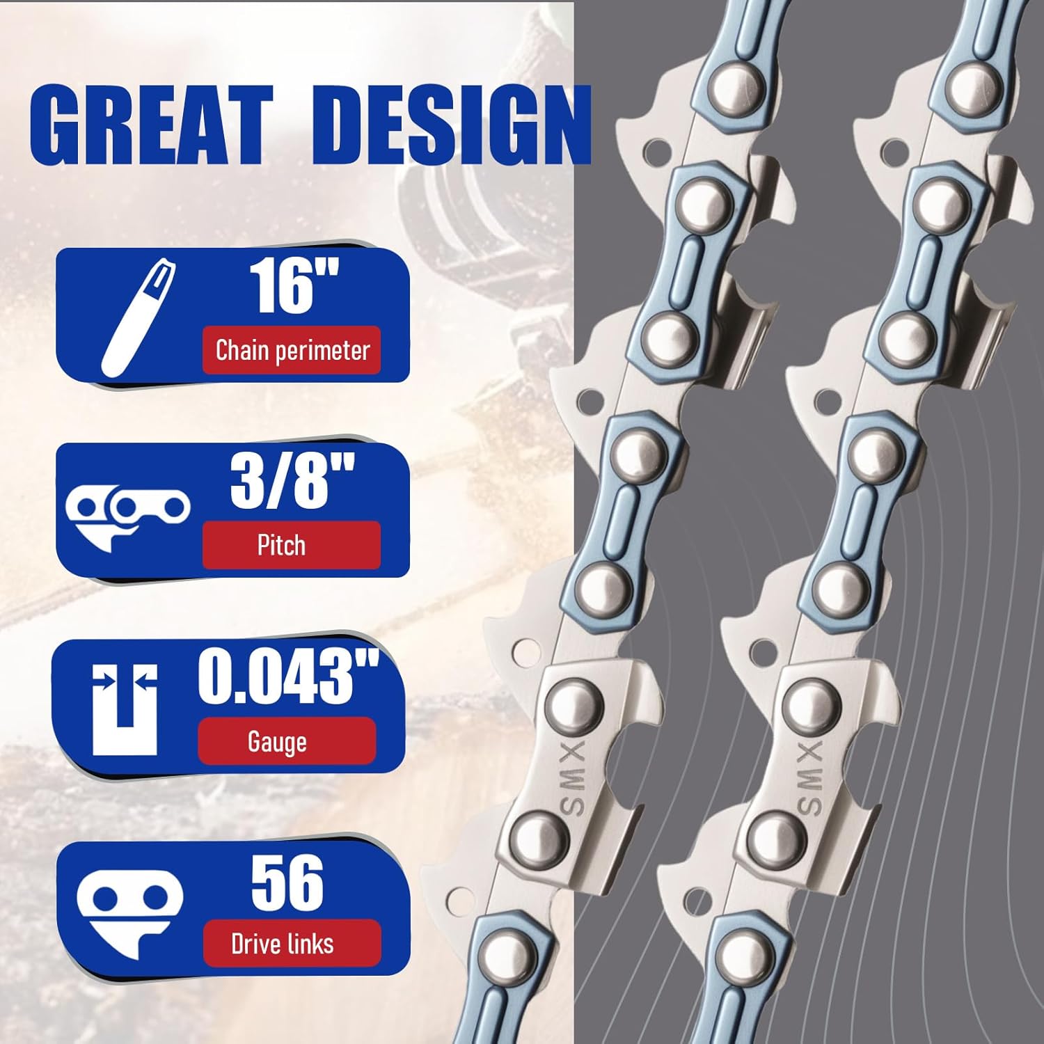 Anxingo 4 Pack 16 Inch Chainsaw Chain 3/8" LP Pitch .043'' Gauge 56 Drive Links Replacement for EGO Greenworks PoulanMakita and more