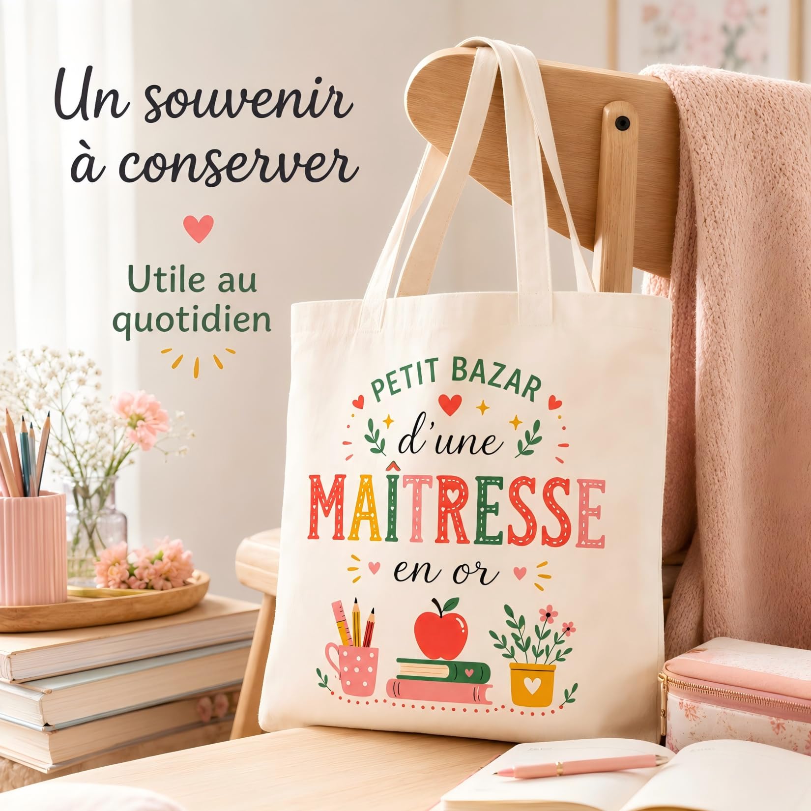 Tote Bag Cadeau Maîtresse d'École, Idée Cadeau Maîtresse Original, Joyeux Noël à la Maîtresse, Sac Cabas Cadeau Fin d'Année et Noël