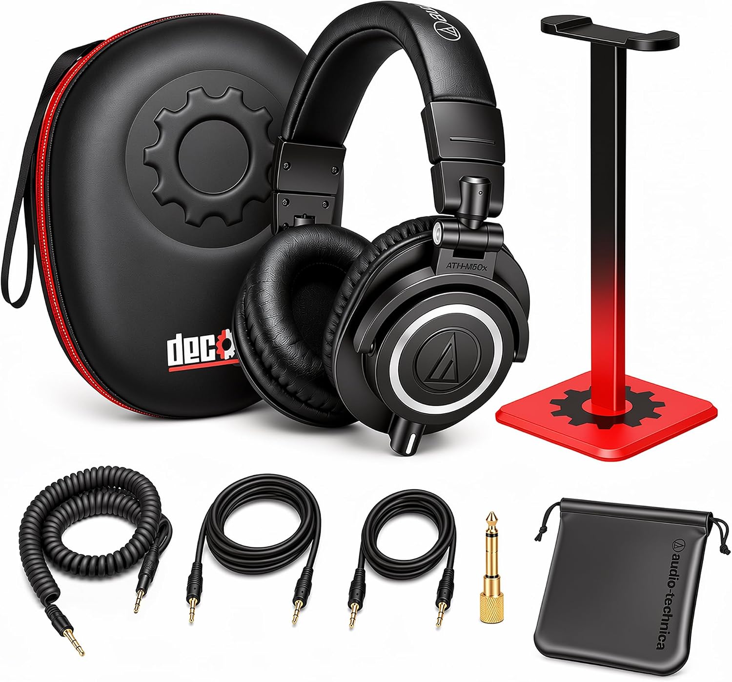 Professional Studio Headphones Black ATH-M50X Bundle | ATH-M50X Incl. Deco Gear Premium Hard Body Professional Headphone Case and Pro Audio Headphone Stand Matte Black/Red