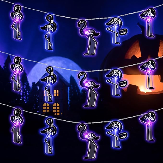 Ganeen 10ft Halloween Sugar Skull Flamingo LED String Light Battery Operate