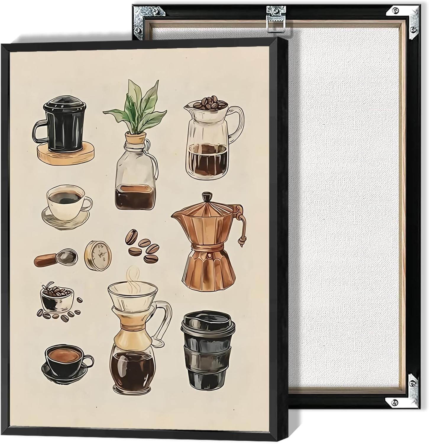 Retro Kitchen Canvas Wall Art Vintage Espresso Makers Poster Minimal Americano Lover Aesthetic Prints Painting For Baristas & Home Cafes Wall Decor Living Room 16x24in Framed