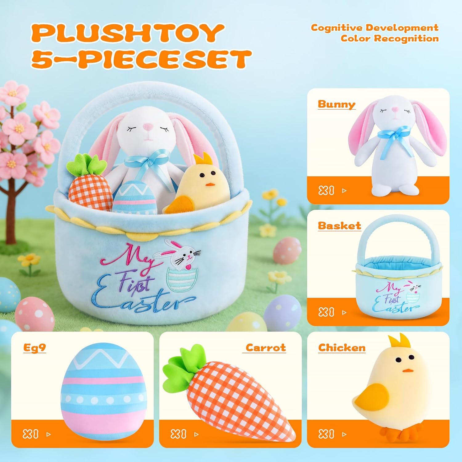 My First Easte First Easter Basket Stuffers Playset, 5 Piece Stuffed Plush Bunny Chick Carrot Egg for Girls Boys Kids Infant Toddler