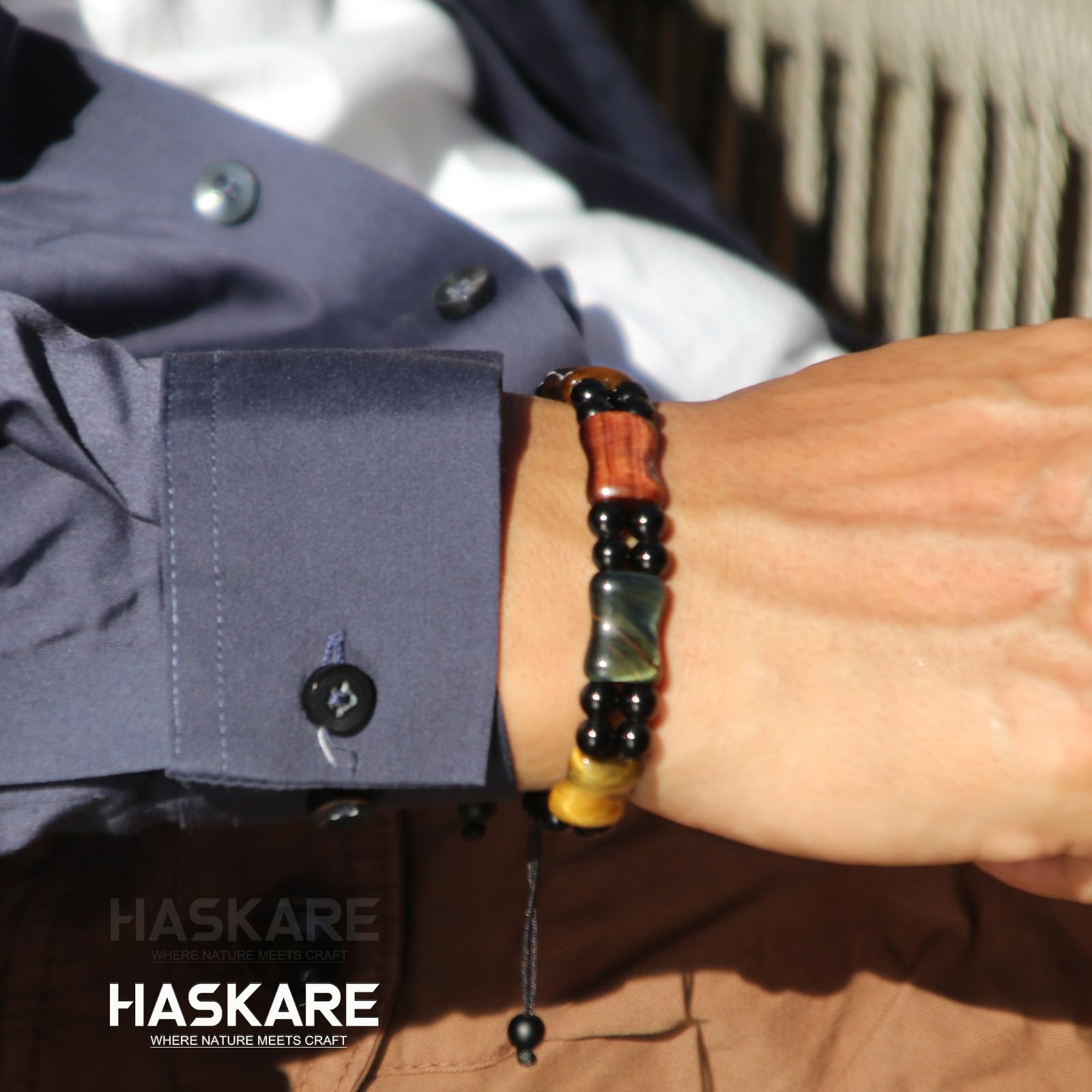 HASKARE Armband Perlen Tigerauge Armband Herren, Echte Stein Einzigartig Kristallstein Armband Tigerauge Armbänder für Männer, Mehrfarbig Tigerauge Modeschmuck Herren Schutz Armband Geschenk für Ihn