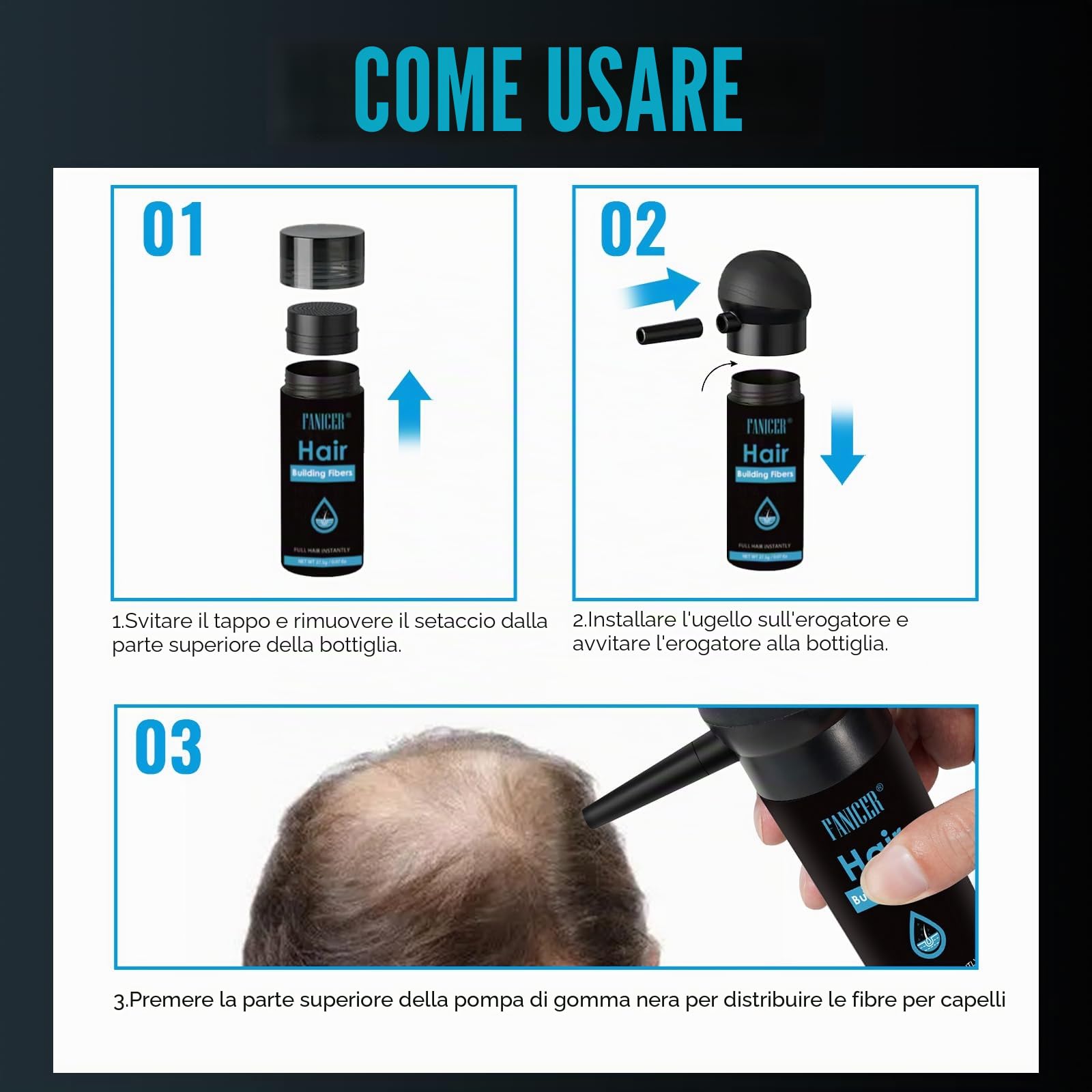 Polvere per Capelli in Fibra di Qualità,Capelli Polvere per Nascondere la Caduta dei Capell,Spessi e Polvere Volumizzante Capelli,Polvere per Capelli Uomo e Donna,Nero