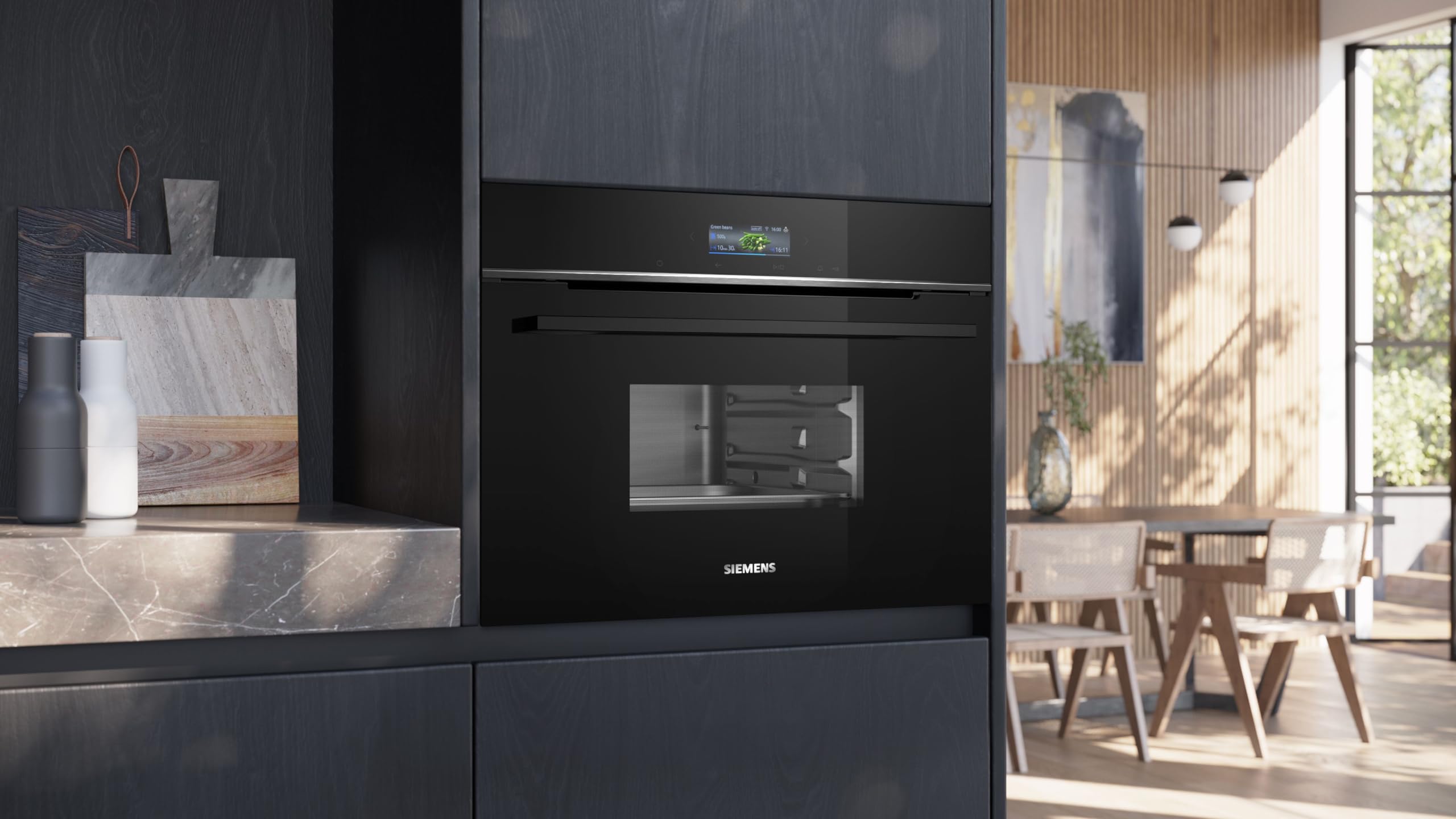 Siemens CD714GXB1, Smarter iQ700 Einbau-Dampfgarer, 60 x 45 cm, 1,3 L Wassertank, Regenerieren mit Dampf, Farb-Display, cookControl Automatikprogramme für beste Ergebnisse, Home Connect, Schwarz