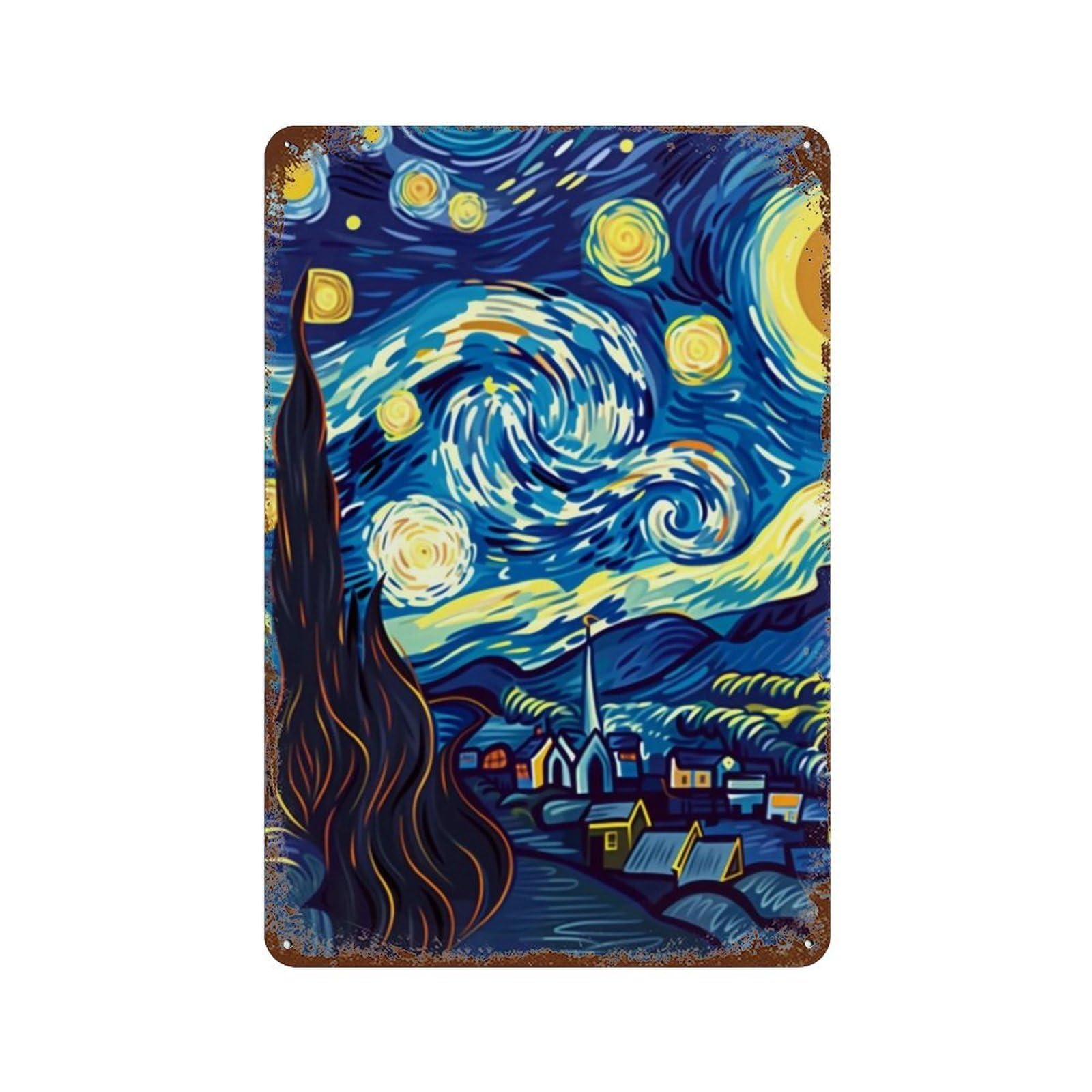 YHGERTKU Modern Starry Night Illustration 01 Wall Art Retro Iron Vintage Metal Tin Sign Poster Modern Decor for Living Rooms Gift 30x20cm