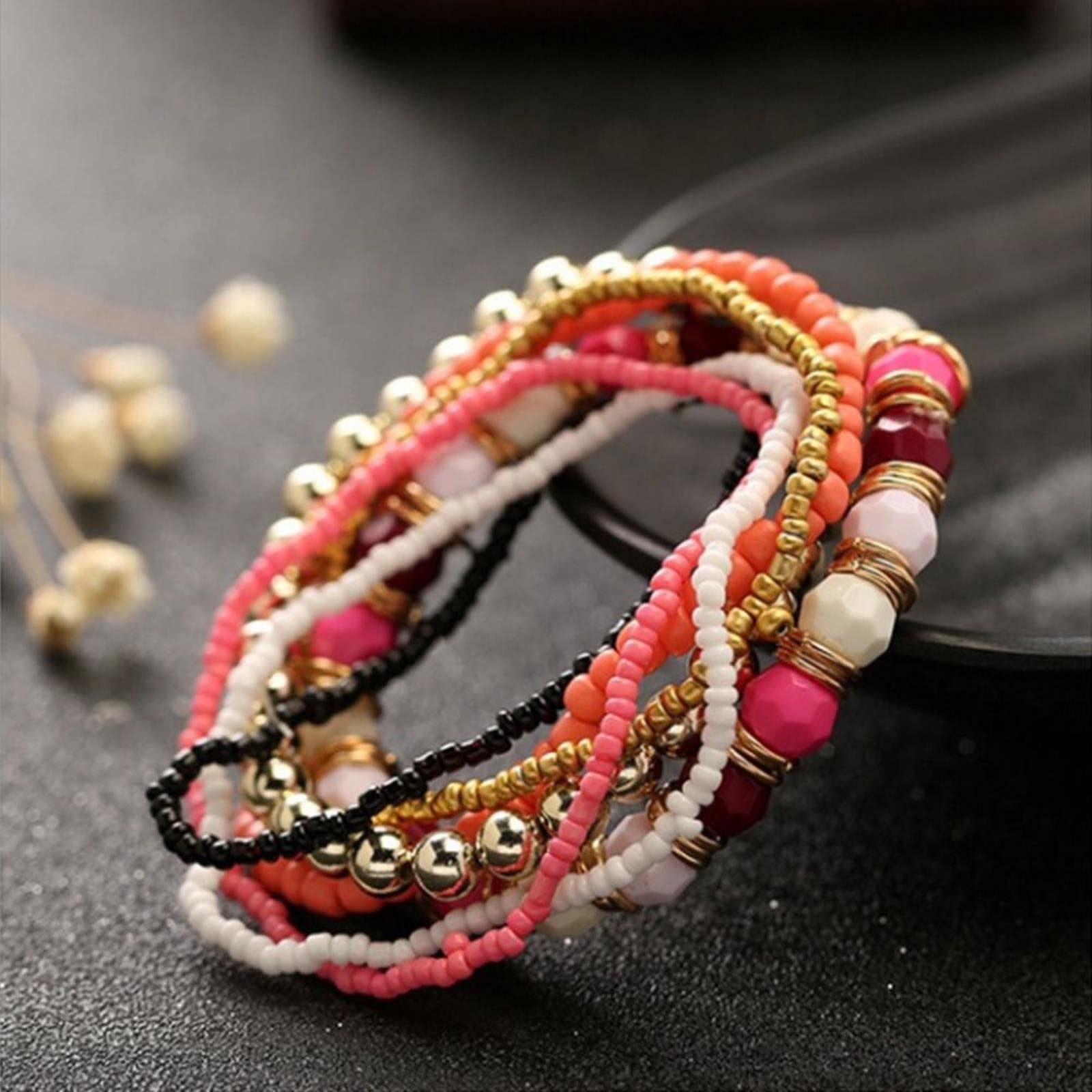 Bracelet bohème pour femme : ensemble 7 rangs de bijoux élastiques à perles colorées