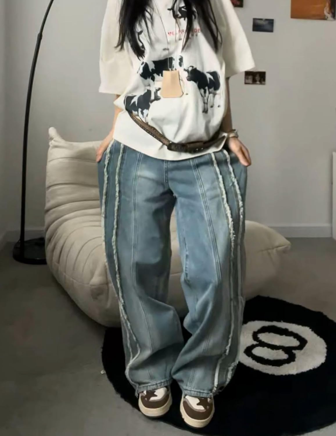 Aelfric Eden Mens Jeans Fringe Line Wide Leg Vintage Jean Y2k Hip Hop Baggy Trousers Unisex Streetwear Casual Denim Pants - Image 2