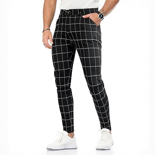GINGTTO Mens Plaid Dress Pants Stretch Chino Pants Men Slim Fit