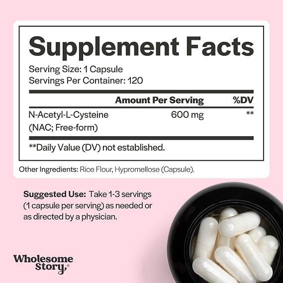 Wholesome Story NAC Supplement N-Acetyl-L-Cysteine 600 mg | Liver, Lung & Fertility Support | 120 Capsules | 120 Serving Supply