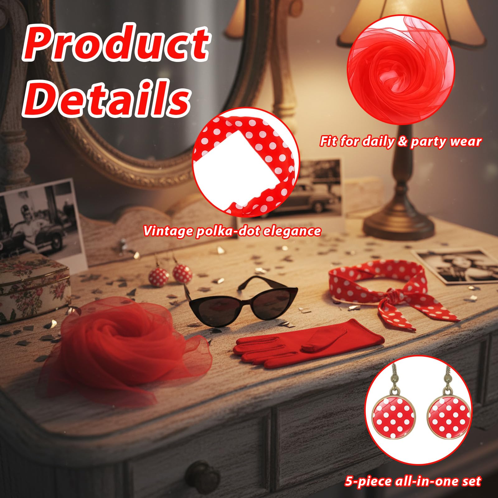 Set Accessori Anni '50 Donna Vintage – Fascia, Sciarpa, Occhiali, Orecchini e Guanti per Costume Carnevale Halloween