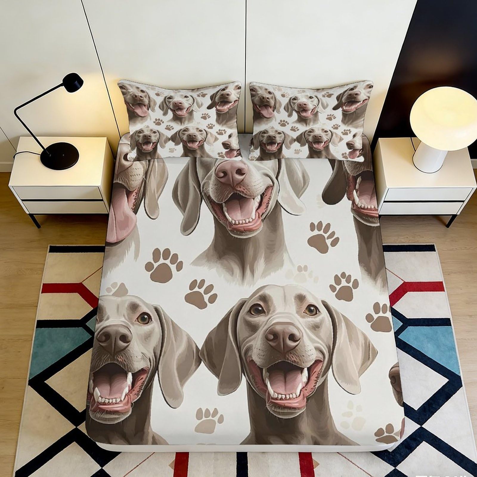 3D Printed Dog Portrait Fitted Sheet Microfiber Non-Slip Paw Pattern Mattress Cover for Bedroom Guest Room Decor 200x200x25cm