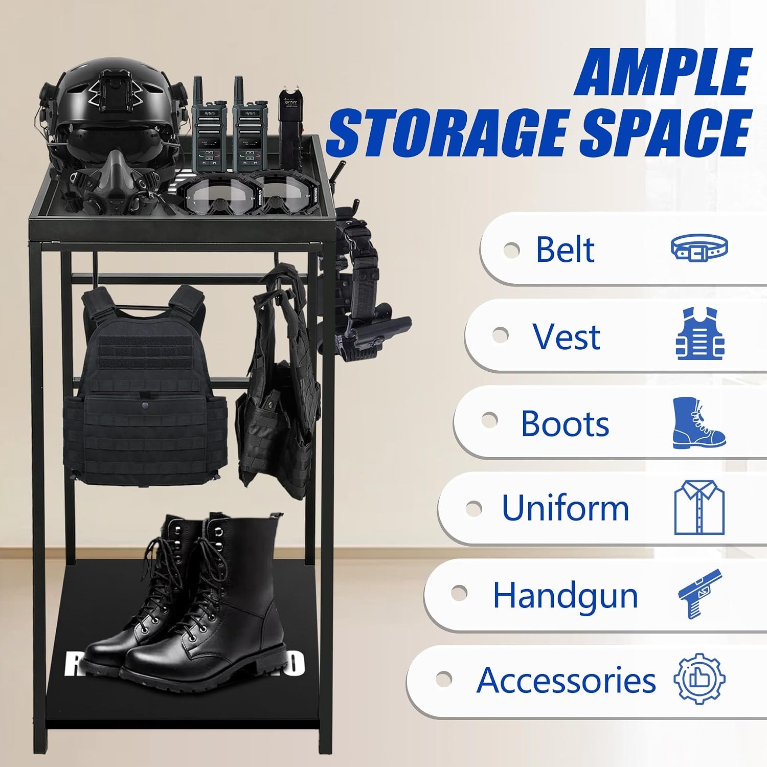 Police Gear Stand, Free Standing Heavy Duty Tactical Duty Gear Stand for Vest and Belt, All Iron Frame Police Equipment Organizer with Thin Blue Line Flag Decor Officer Gift