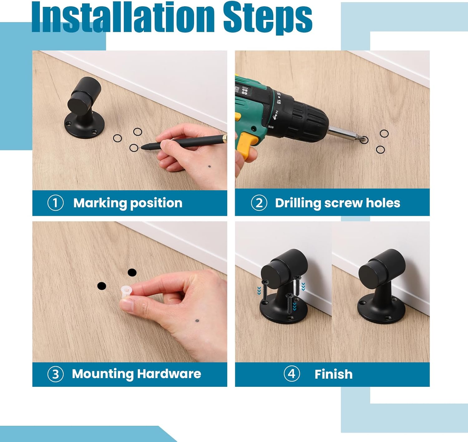 4 Pack Heavy Duty Floor Mounted Door Stop 3 in Aluminum Commercial Grade Door Stopper with Rubber Bumper & Stainless Steel Screws (Black)