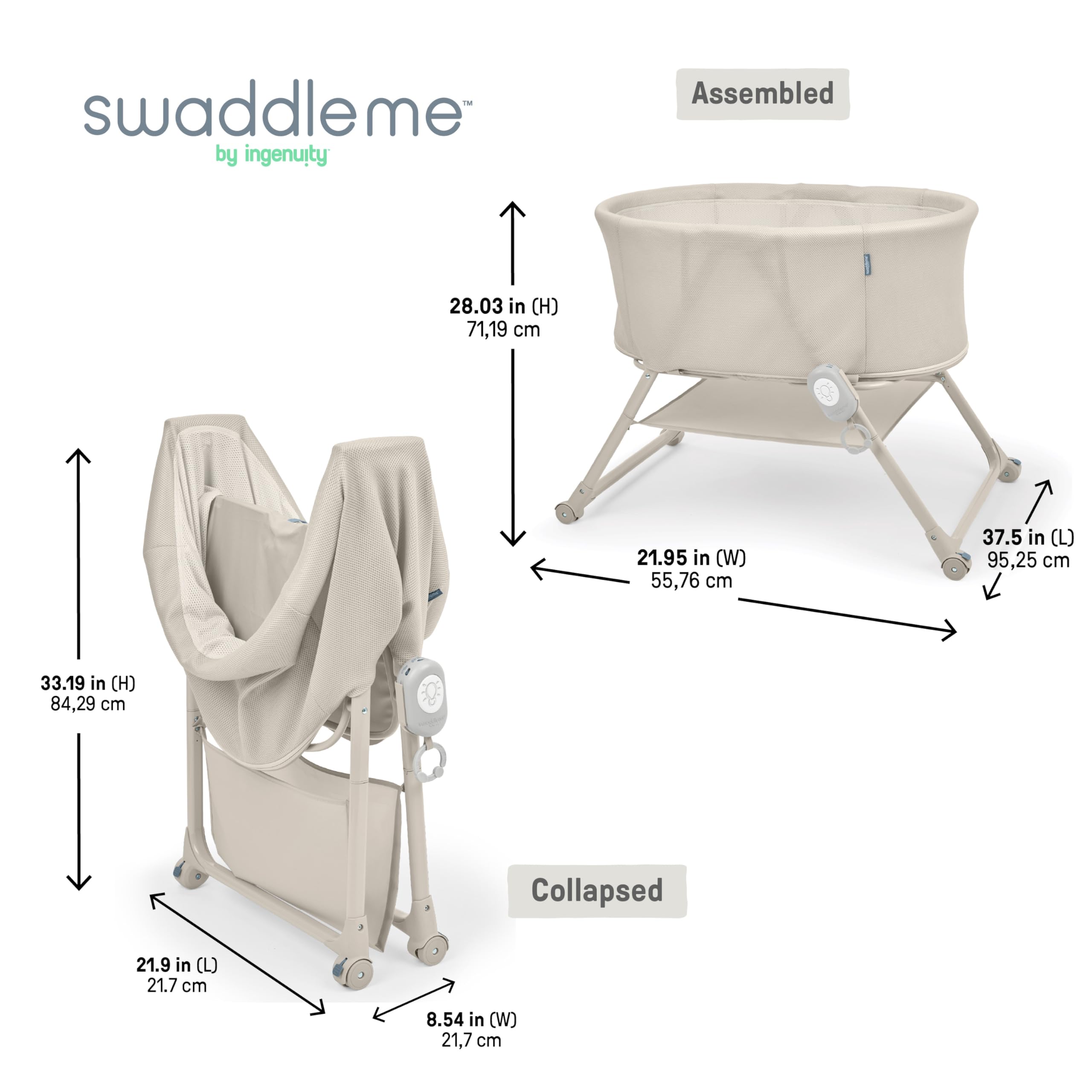 Ingenuity Snooze & Stow Easy-Folding Stubenwagen mit Sound, Licht und Vibration, tragbarer Baby-Stubenwagen mit Einhand-Klappmechanismus, Netzseiten, Ablagefach und Rädern