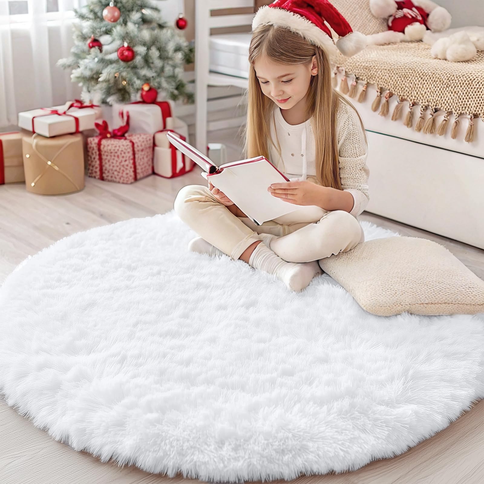 OLANLY White Round Rugs for Bedroom - Machine Washable, 4 ft Circle Area Rugs for Living Room, Soft and Fluffy Shaggy Carpet for Teen Girls and Boys,