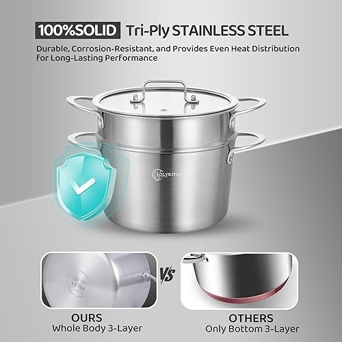 Miniatura 2 de LOLYKITCH Olla de acero inoxidable de 5 cuartos de galón con vaporizador, olla de inducción, ollas y sartenes, resistente, apta para lavavajillas y