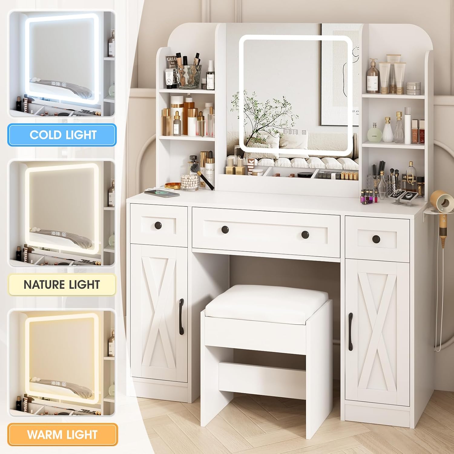 Fameill Vanity Mirror with Lights, Makeup Vanity Desk and Chair, White Makeup Table with Large Storage Drawers and Shelves, Time and Temperature Display, 3 LED Lighting Modes Adjustable