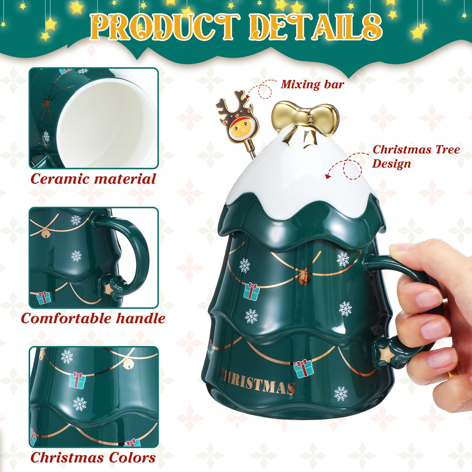 Taza de Cerámica Forma de Árbol de Navidad, Capacidad 500ml, Incluye Tapa y Cuchara, Adecuado para Café y Té en Hogar o Cafetería