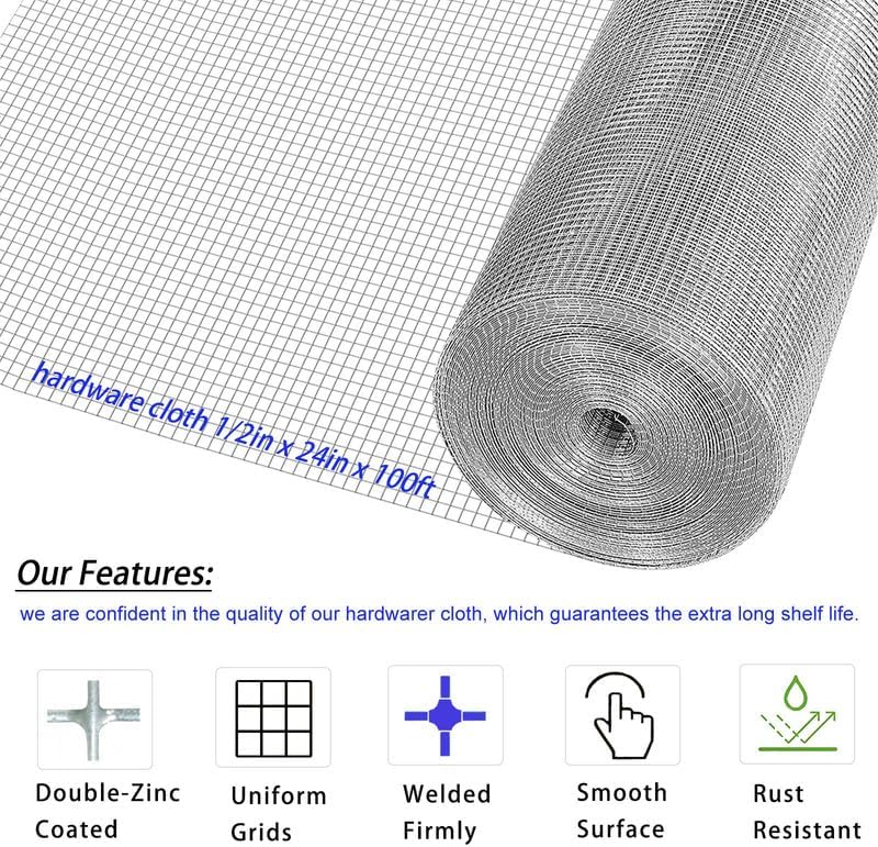 Hardware Cloth 1/2inch Hot-Dipped Galvanized After Welded 24in x 100ft Metal Fence Mesh Roll,19Gauge Square Chicken Wire Garden Plant Bed Fencing Chicken Coop Rabbit Animal Cage Wire Netting