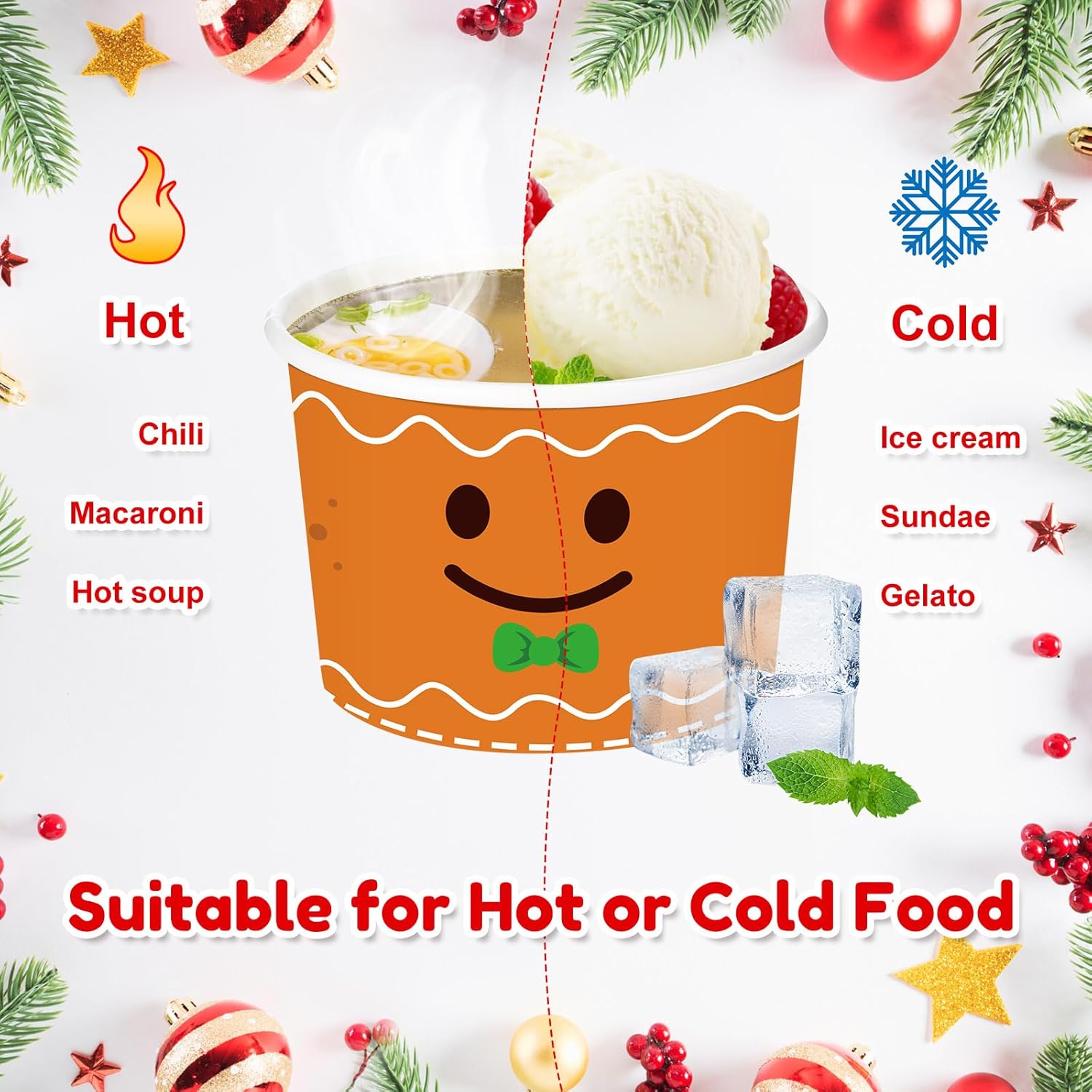 Didaey 100 Pack Christmas Party Snack Cups 8oz Disposable Ice Cream Dessert Soup Bowls with Santa Snowman Gingerbread Designs, Holiday Paper Cups for Hot Cold Food, Xmas Party Decorations Supplies