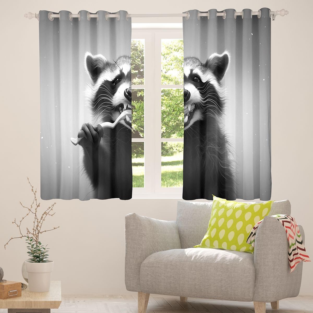 Feelyou Raccoon Blackout Curtains Cute Darkening Drapes for Bedroom Living Room Decor Kawaii Thermal Insulated Shades Black Gray Window Treatments, 2 Panels 42 x 90 Inch Funny Animal image 4