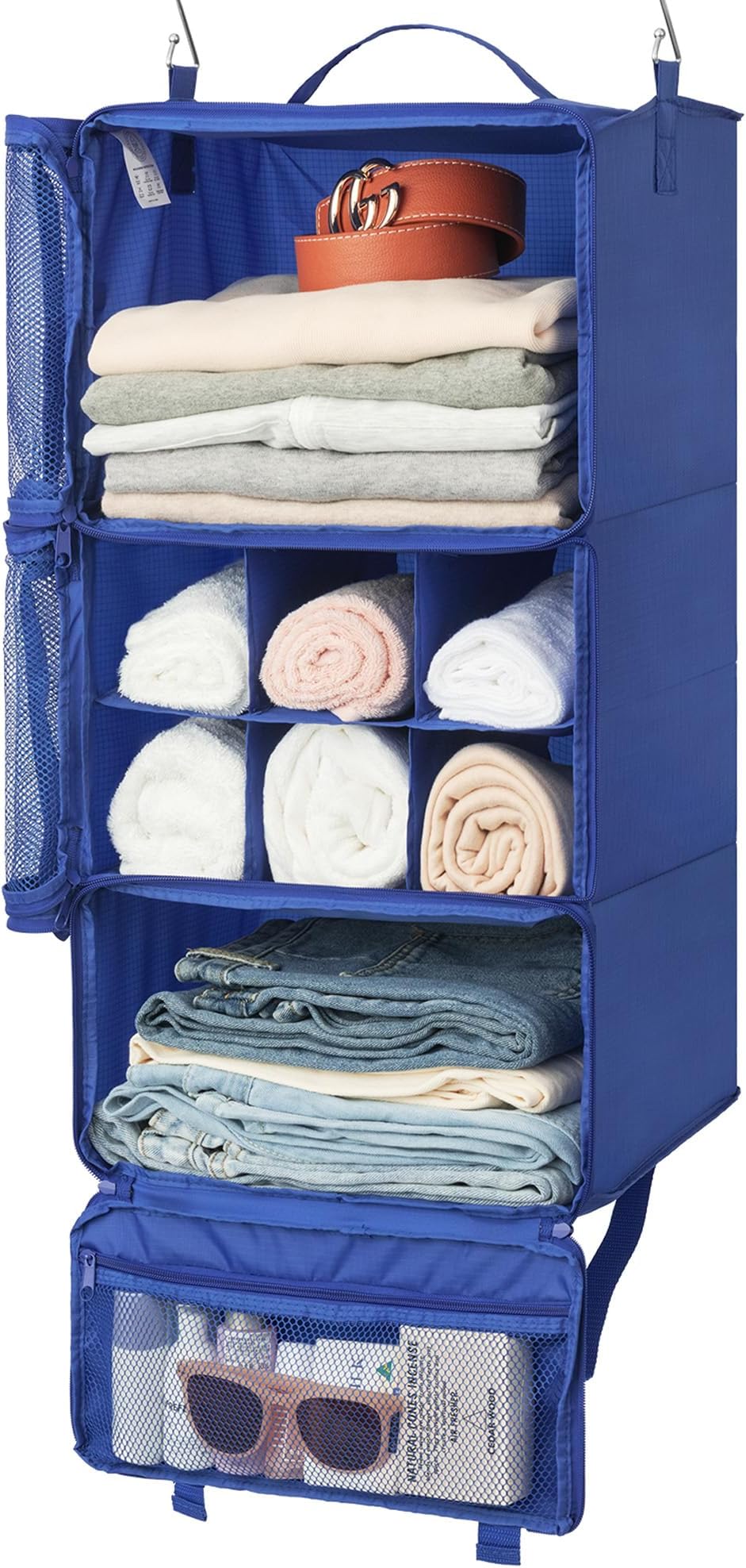 GRANNY SAYS 3-Shelf Hanging Travel Organizer, Portable Travel Hanging Shelves, Instant Wardrobe for Suitcase, Blue Hanging Packing Cubes for Closet Storage, Compression Hanging Clothes Organiser
