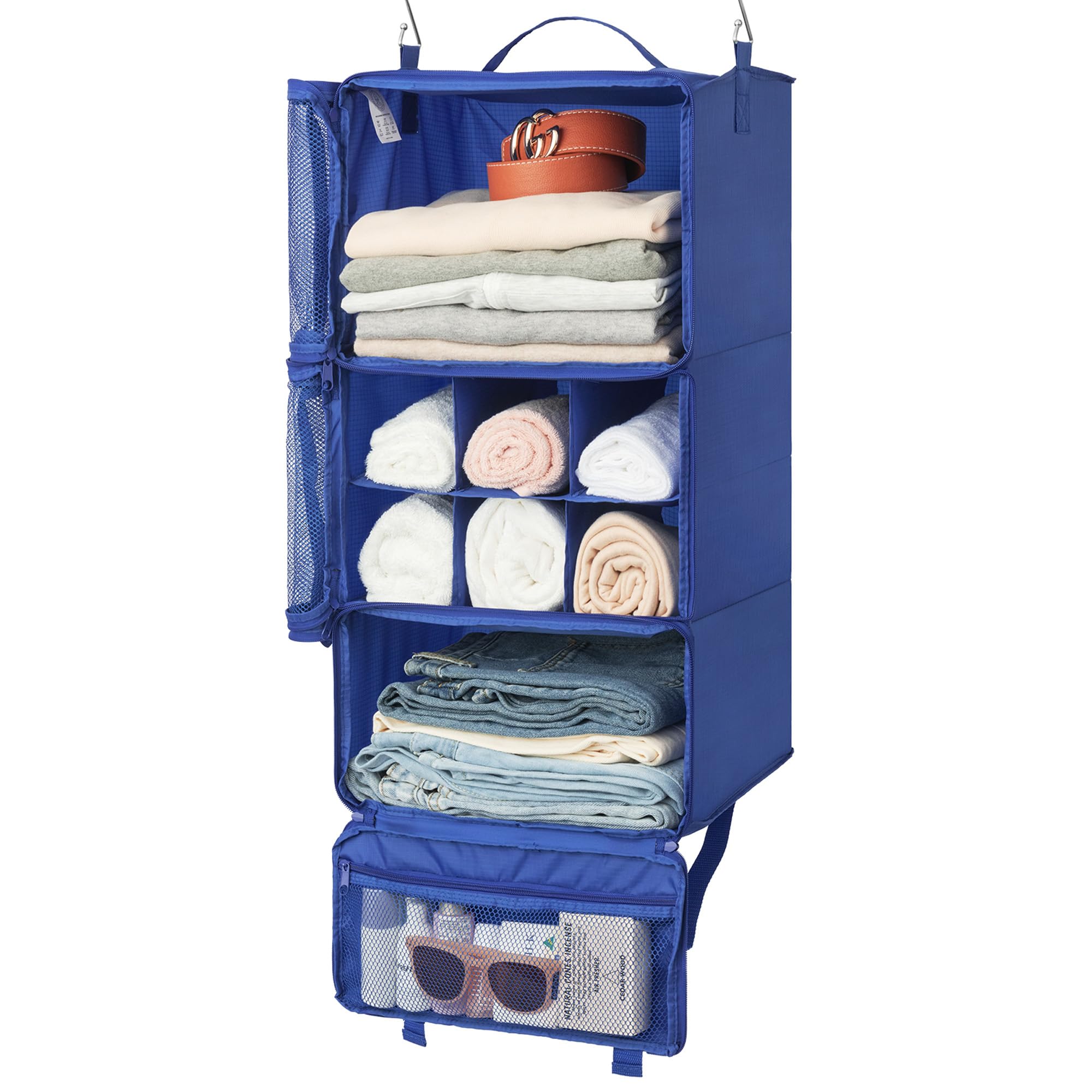 GRANNY SAYS 3-Shelf Hanging Travel Organizer, Portable Travel Hanging Shelves, Instant Wardrobe for Suitcase, Blue Hanging Packing Cubes for Closet Storage, Compression Hanging Clothes Organiser