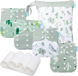 Baby Cloth Diapers Set - 4 Pack with 4 Inserts & 1 Wet/Dry Separation Bag, Reusable Infant Toddler Nappy, Adjustable Pocket Diapers for Baby Boys and Girls (6-33 pounds, 0-3 Years)