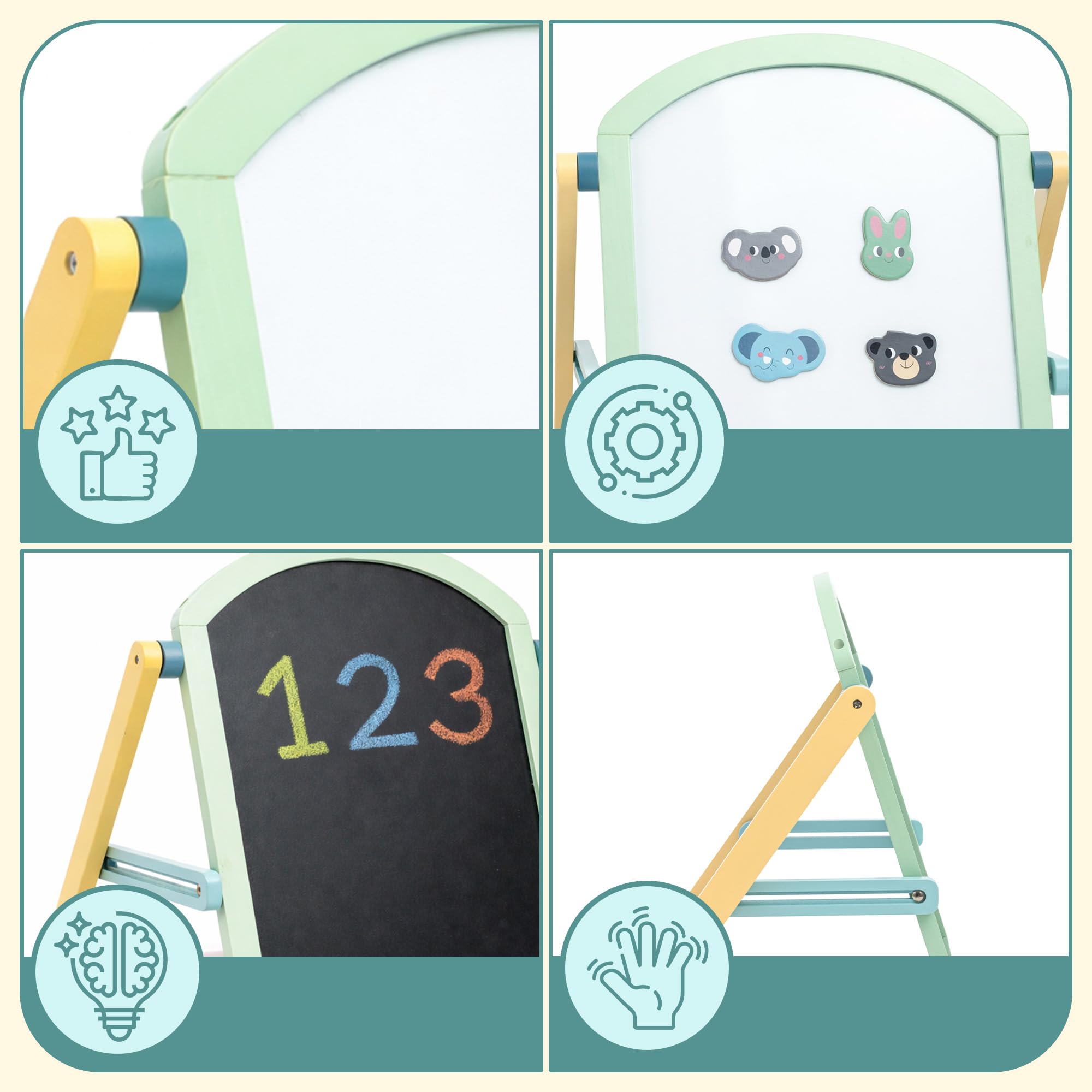 Mamabrum Doppelseitige Kinder Holztafel 2in1 Magnettafel Kreidetafel mit Ständer klappbar Lerntafel mit Zubehör zum Schreiben Malen für Kinder ab 3 Jahren