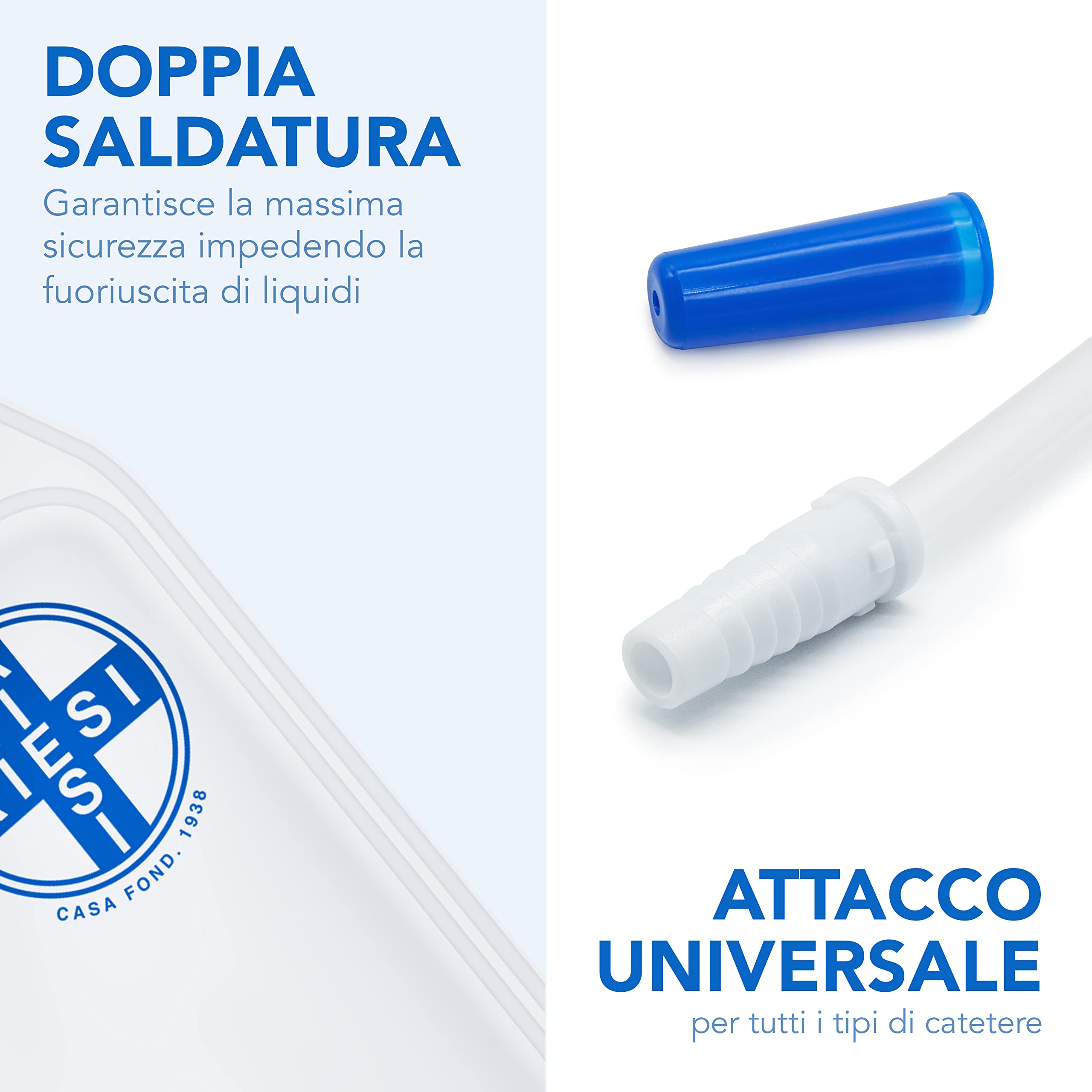 AIESI Bolsas de orina de piernas 750 ml tubo 30 cm con grifo de descarga cruzado válvula antirreflujo Paquete de 50 piezas