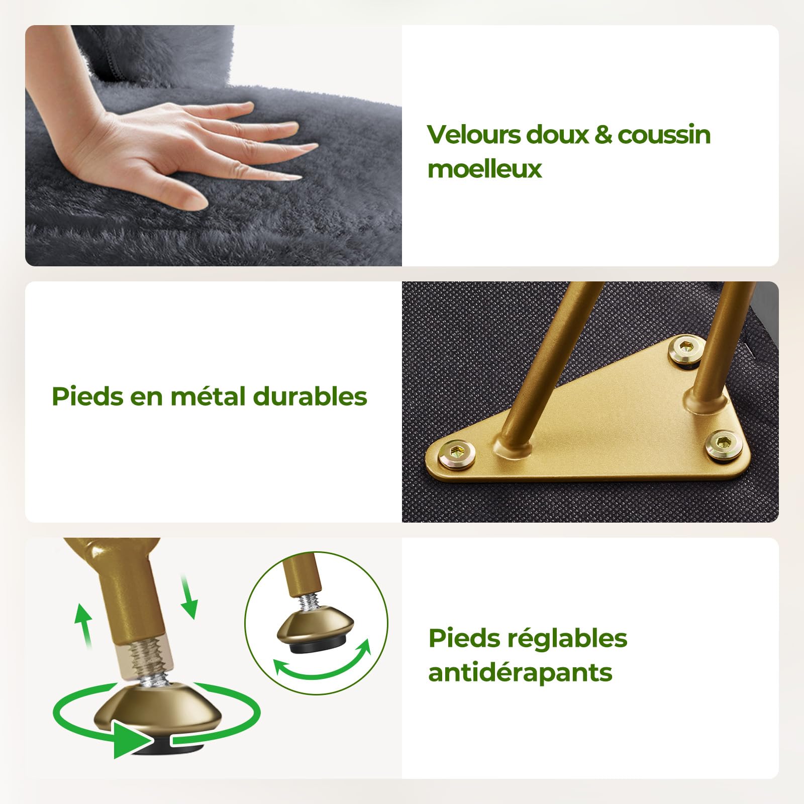 Rolanstar Tabouret de Coiffeuse en Velours avec Rangement Caché – Dossier Pliable Transformable en Repose-Pieds – Pouf de Maquillage Confortable pour Chambre ou Bureau (Gris, Grand)