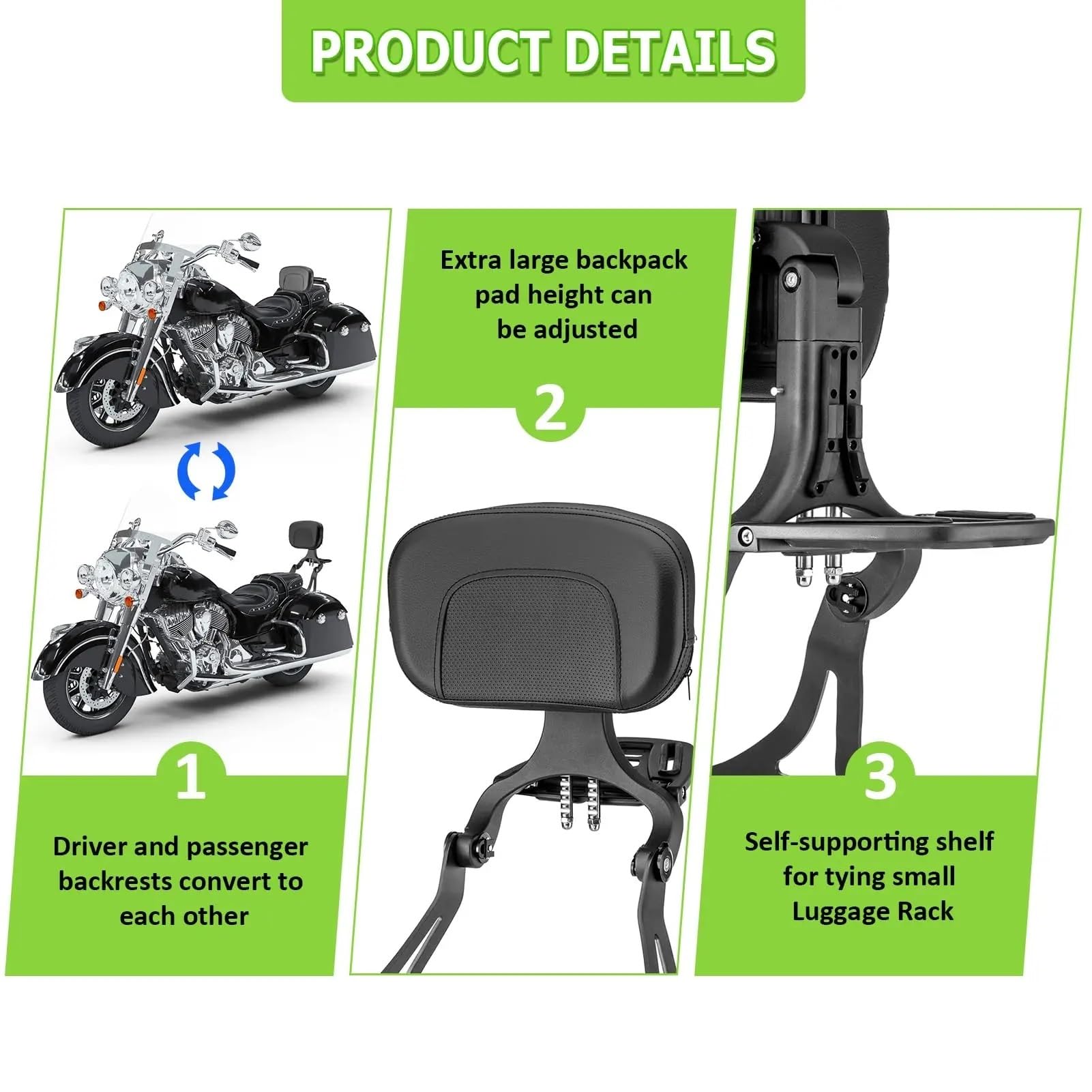 Odłączane oparcie fotela pasażera oparcie Pasuje do indyjskiego wodza Dark Horse Vintage Challenger Springfield 2014-2024 regulowane oparcie Sissy Bar(Chrome)