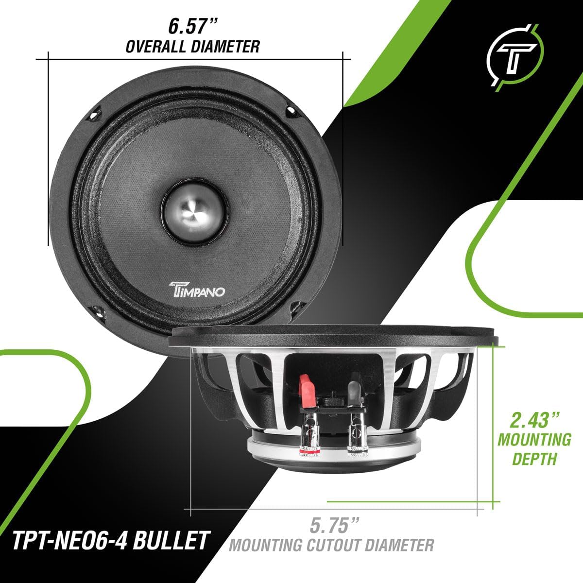Timpano 1200 Watts 6.5" Neodymium Midrange Speakers of TPT-NEO6-4 Bullet 4 Ohm Shallow Mount PRO Audio Mid Range Loudspeaker (Bundle 2 Speakers) High Output Premium Car Speaker image 4