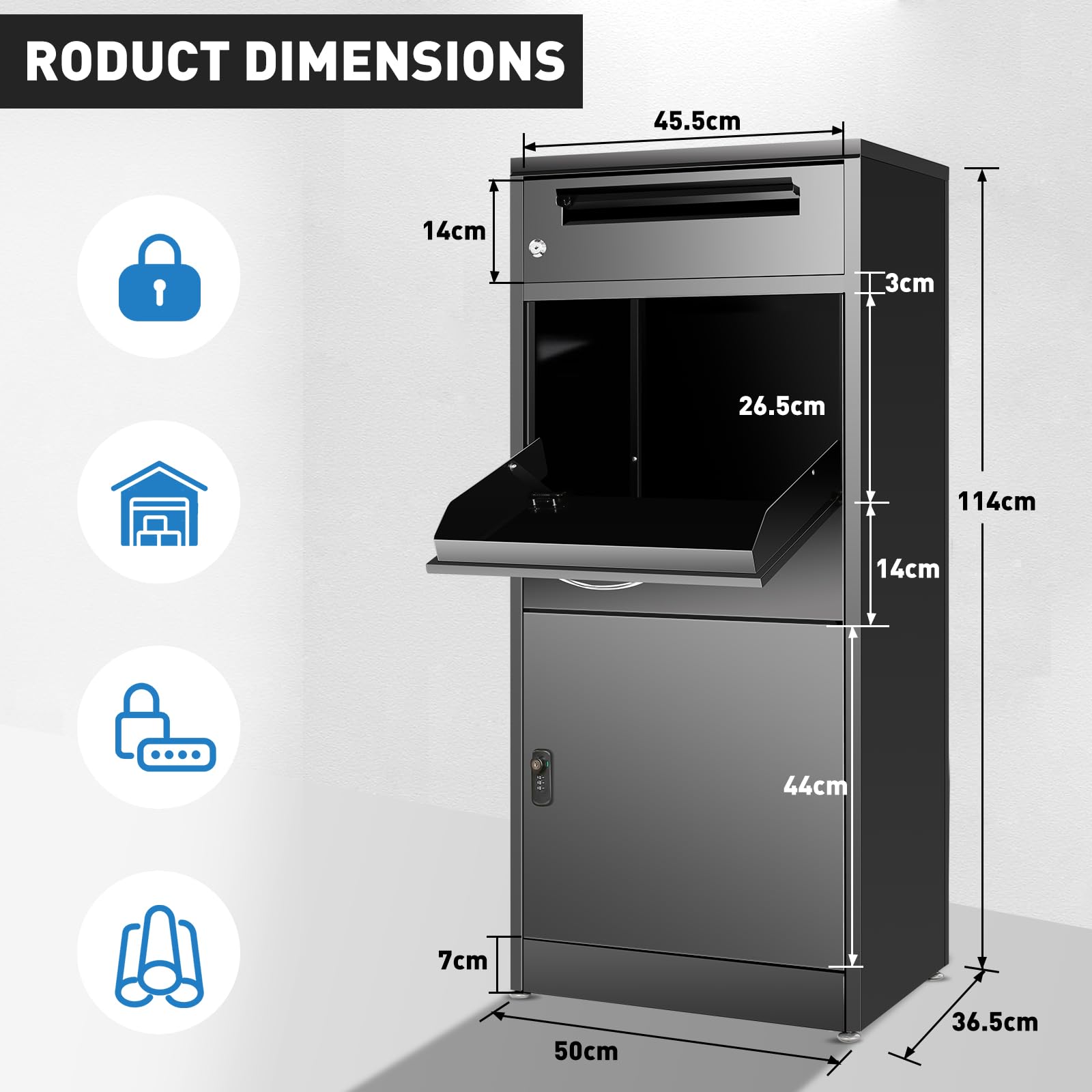 Buzón para exteriores, caja grande para paquetes con cerradura de combinación, buzón de acero inoxidable con función impermeable y antirrobo (50 x 36,5 x 114 cm)