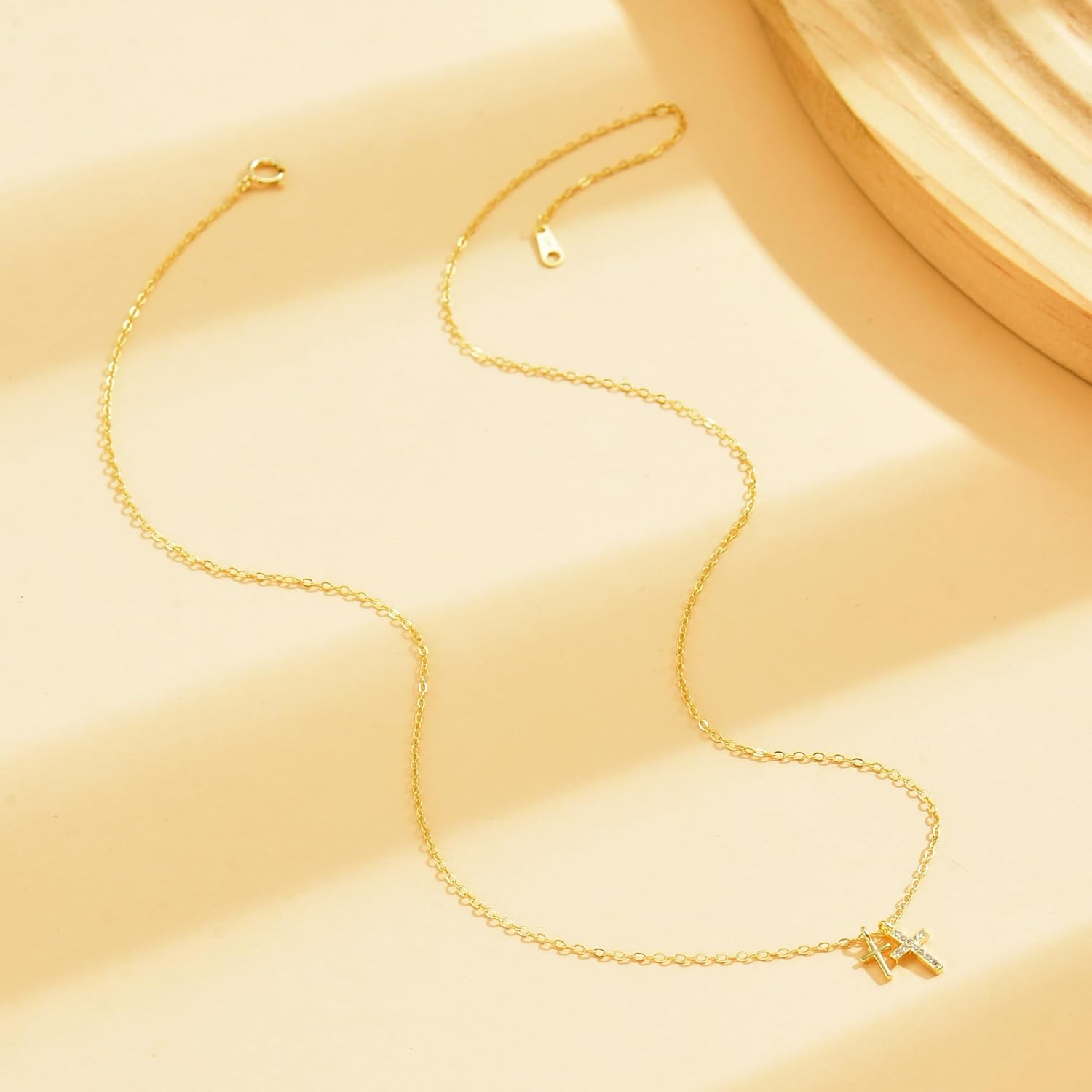 925 Sterling Silver Cross Necklace for Women, Tiny CZ Religious Double Cross Stuffers Baptism Religious Faith Pendant Necklace to Daughter 14K Gold Plated Crucifix Choker Necklace Mothers Day Gift