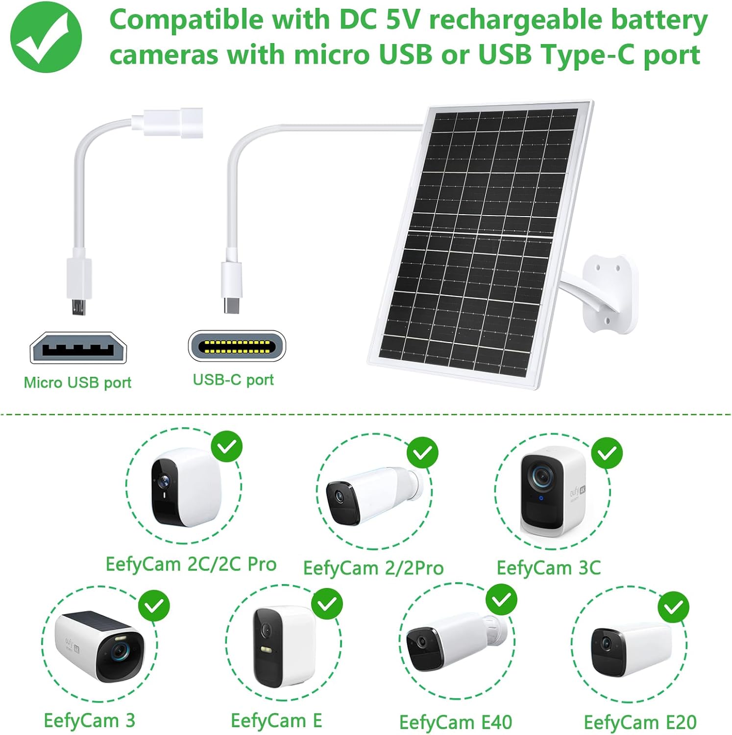 FUTUREZEN 13W Solar Panel for Eufy Camera, 5V USB/USB-C Solar Charger Compatible with Eufycam 2C/2C Pro/2/2 Pro/E20/E40/E, IP66 Waterproof, 360° Adjustable Mount, 7.2ft Charging Cable, 1 Pack