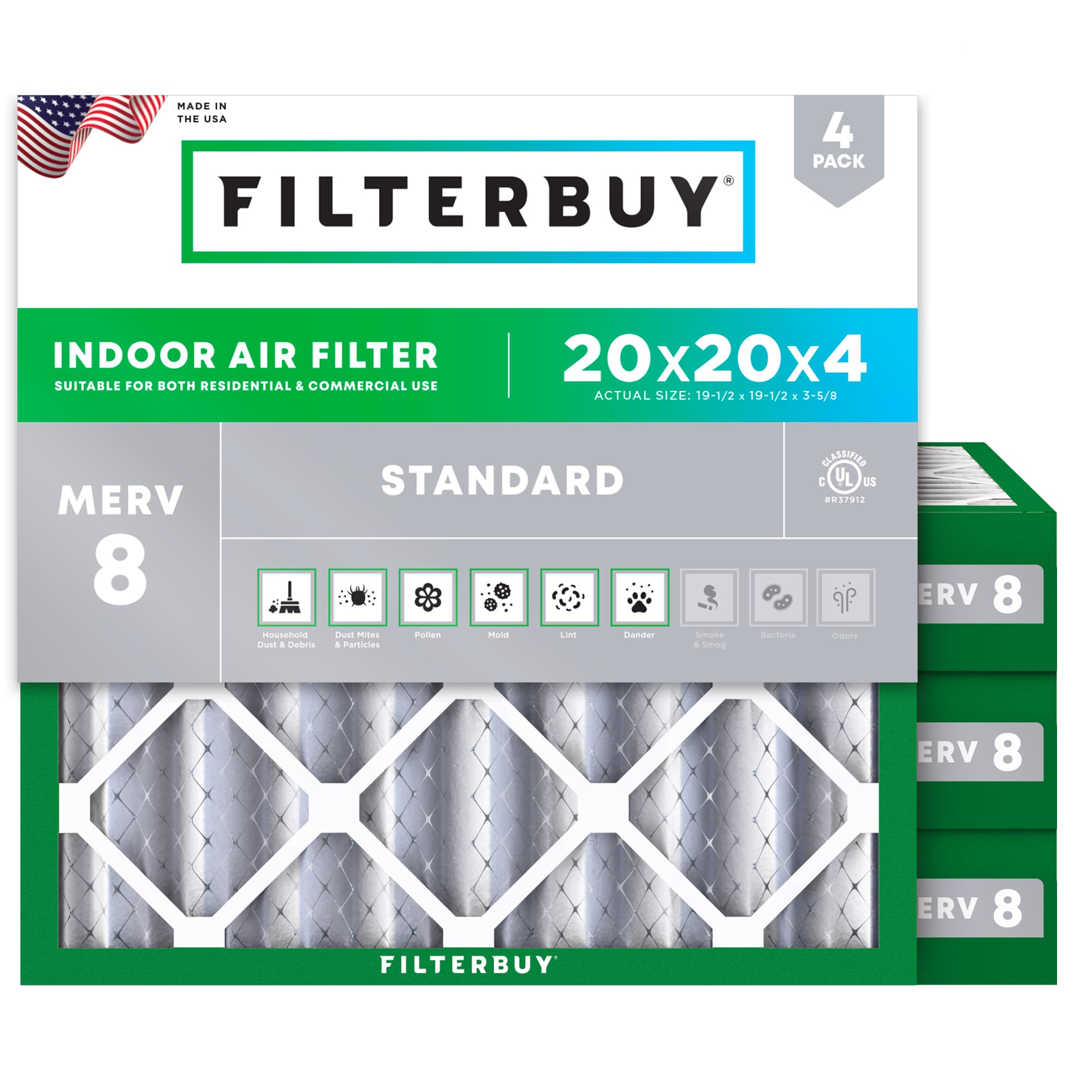 Filterbuy 20x20x4 MERV 8 4-Pack