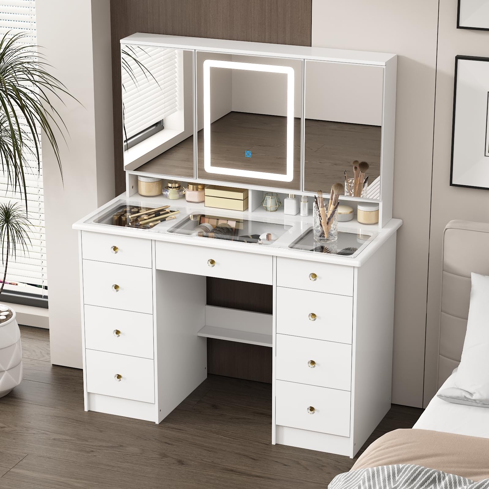 FUFU&GAGA Vanity Desk with Mirror and Lights, Large Makeup Vanity with Glass Top, Modern Dressing Table with 9 Drawers & Hidden Shelves for Bedroom,