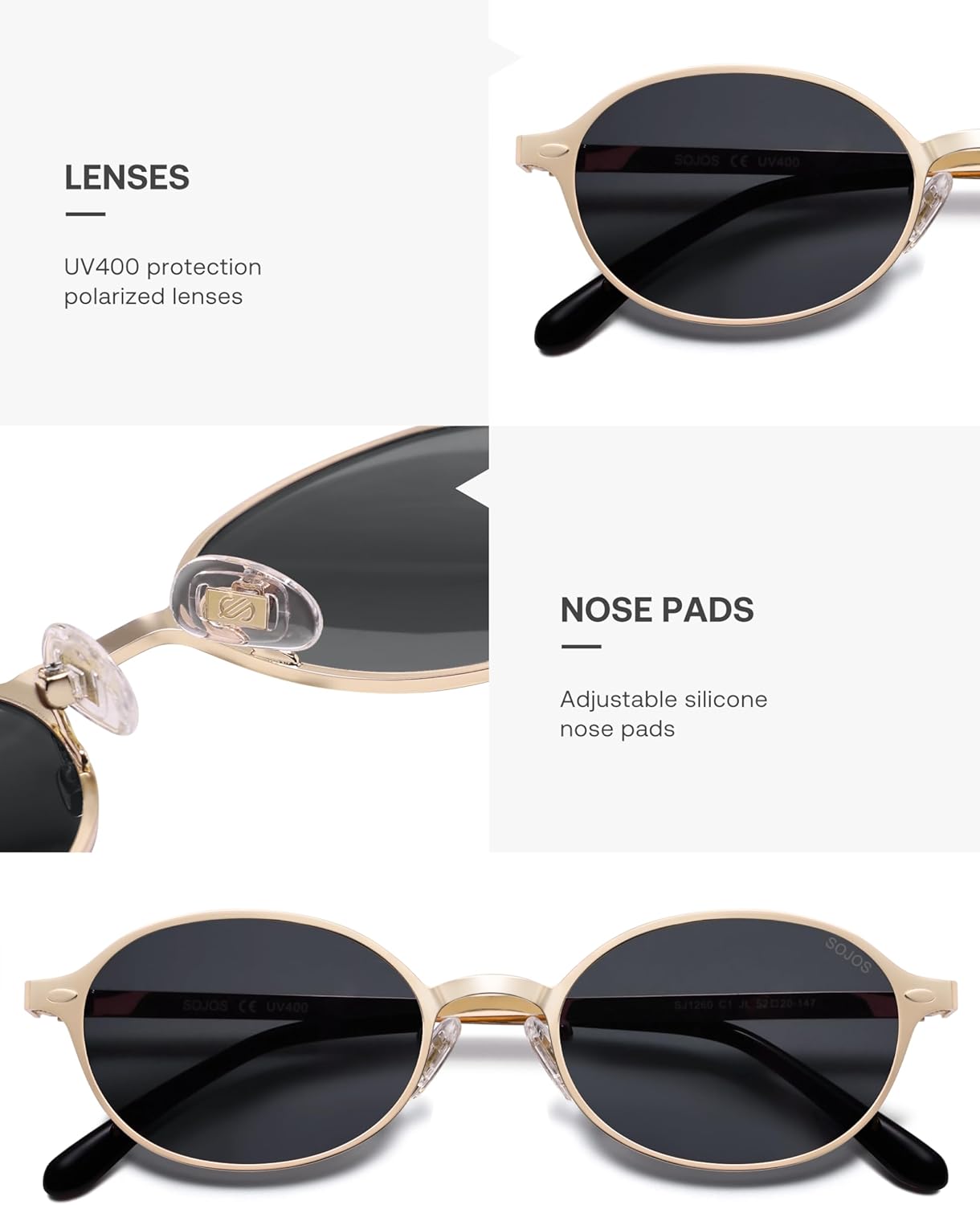 SOJOS Small Retro Oval Polarized Sunglasses Womens Mens, 80s 90s Chic Trendy Round Metal Frame Sunnies SJ1260 - Image 4