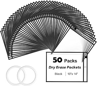 50 Packs Dry Erase Pocket Sleeves with 2-Ring, Reusable Clear Plastic Classroom Sleeves, 10x14 Inch Ticket Holders, Plastic Sleeves for School/Office Organization