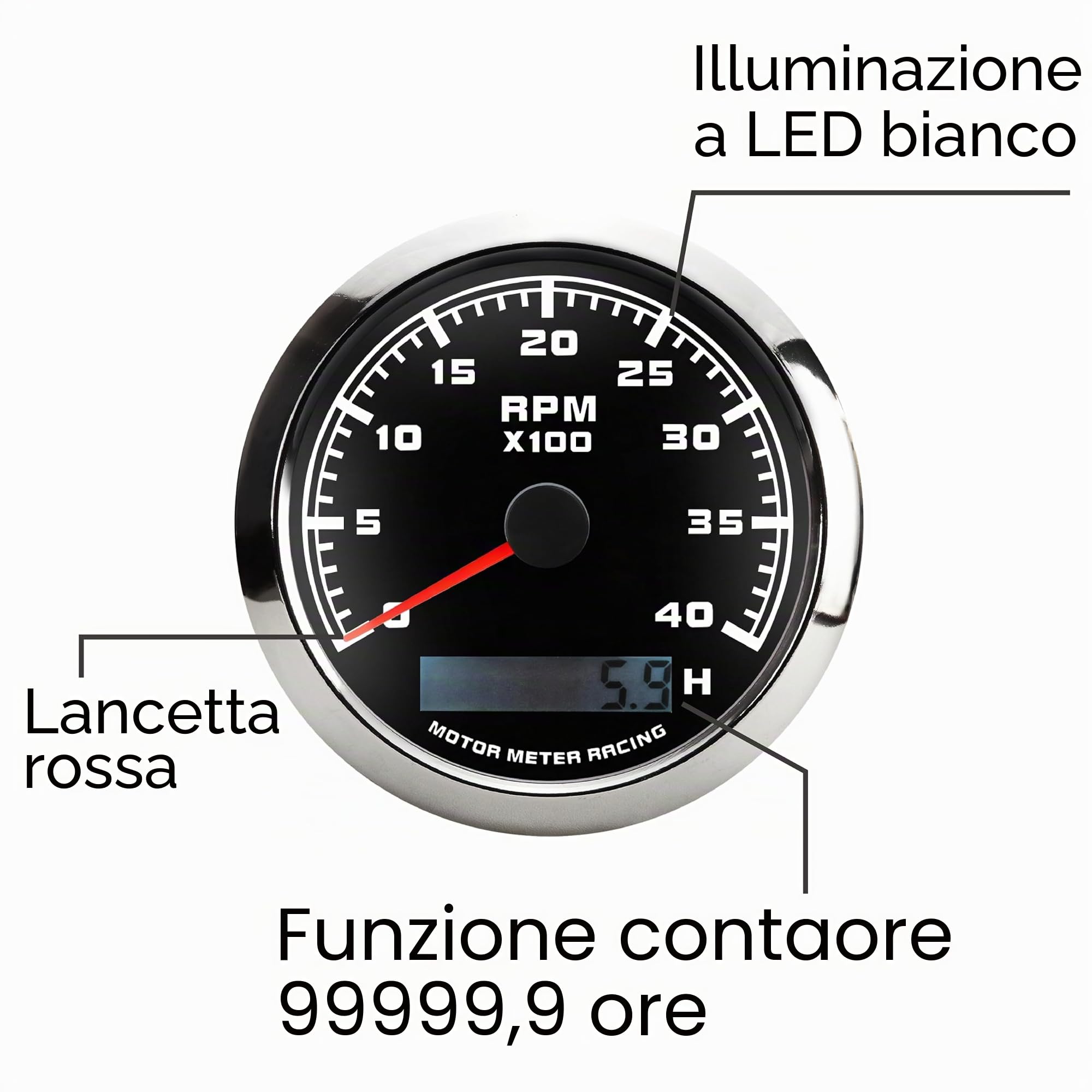 MOTOR METER RACING W Pro Electrical 5 Gauge Set w/strumentazione,3-3/8" 85mm tachimetro,2-1/16" 52mm tensione, livello carburante, temperatura acqua e manometro olio,per barca, yacht,quadrante nero