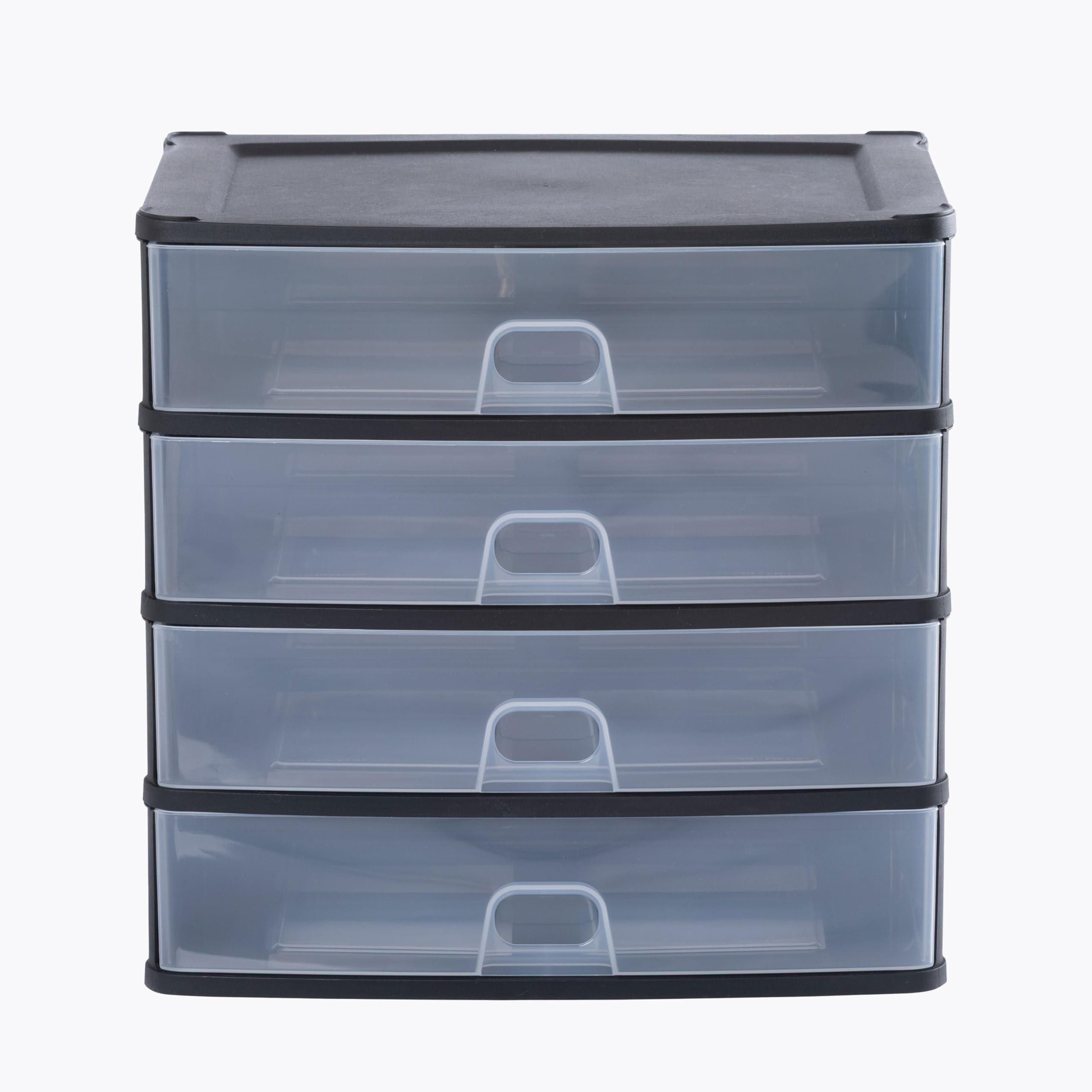 Wham Black/Clear Organise 4 Drawer Large Plastic Storage Unit | 4 X Shallow Drawers | Slimline Design | Ideal For Office, School & Home Storage | Made In Uk