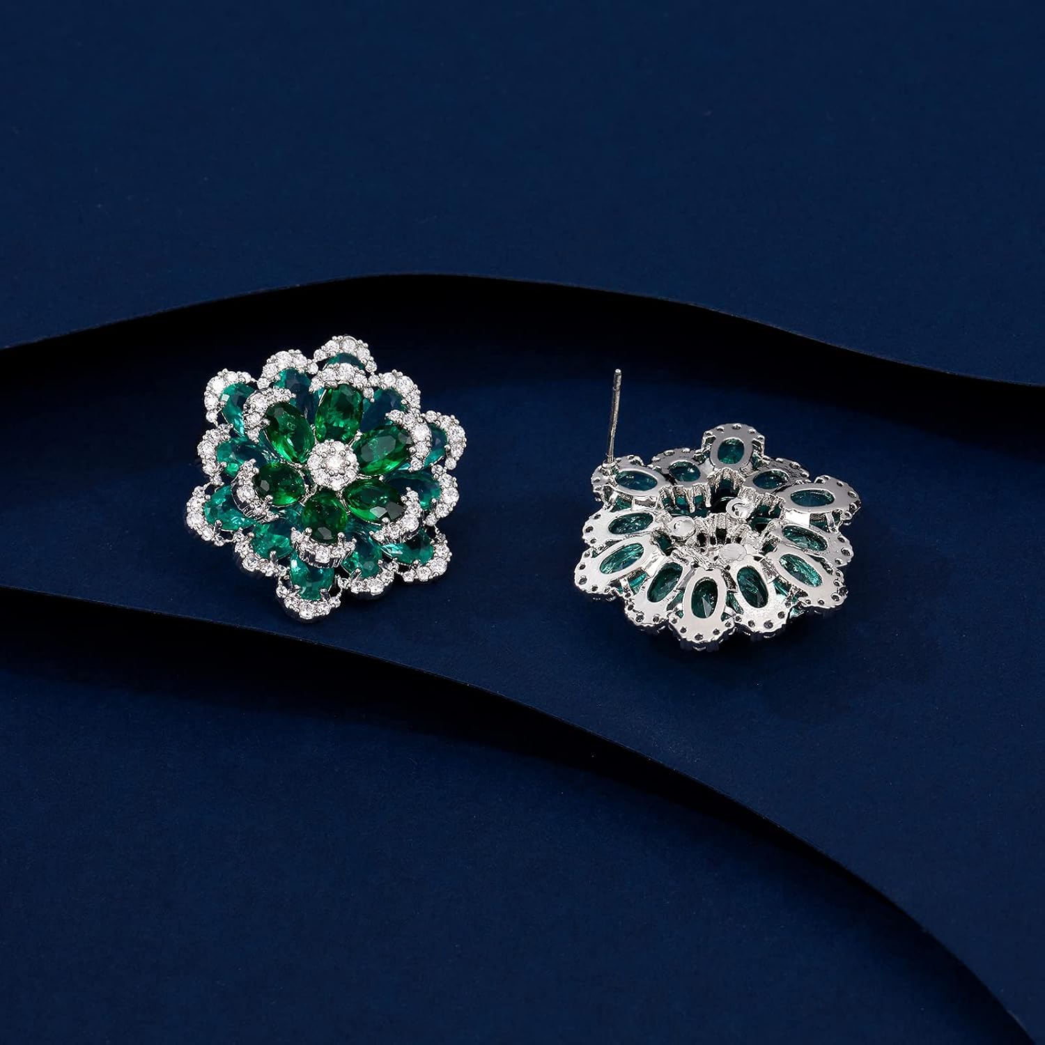 Cubic Zirconia Stud Earrings for Women, Large Sparkly Flower Earrings, CZ Crystal Rhinestone Cluster Earrings