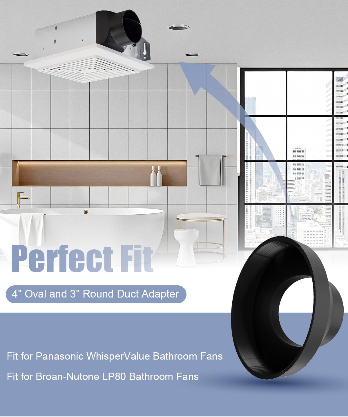 4 Inch Oval to 3 Inch Round Bathroom Fan Duct Adapter Compatible with Panasonic WhisperValue Broan-Nutone LP80, Durable Vent Reducer for Bathroom Exhaust Fan Upgrade and Replacement