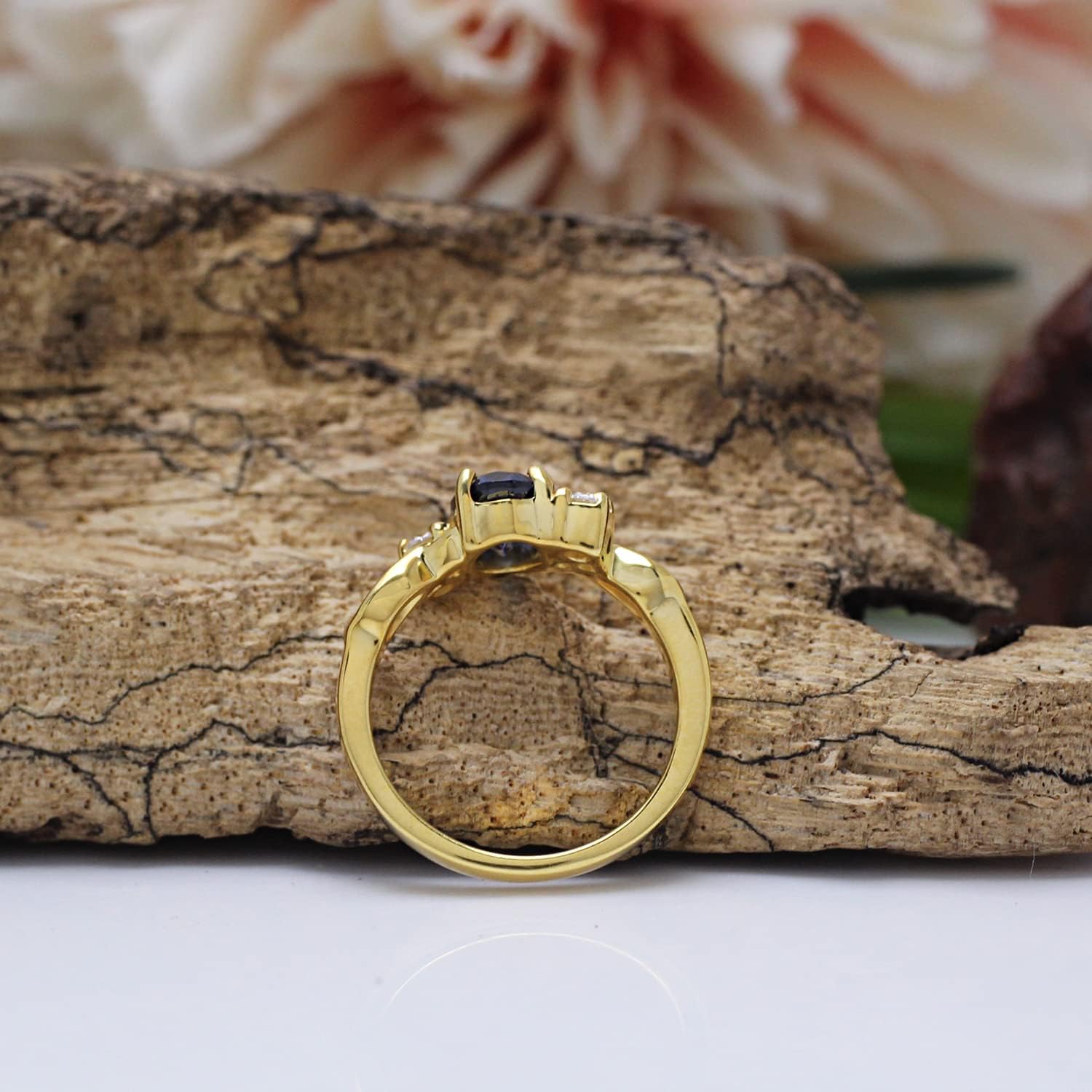 AFFY Simulated Blue Sapphire & White CZ Engagement Ring in 14k Gold Over Sterling Silver