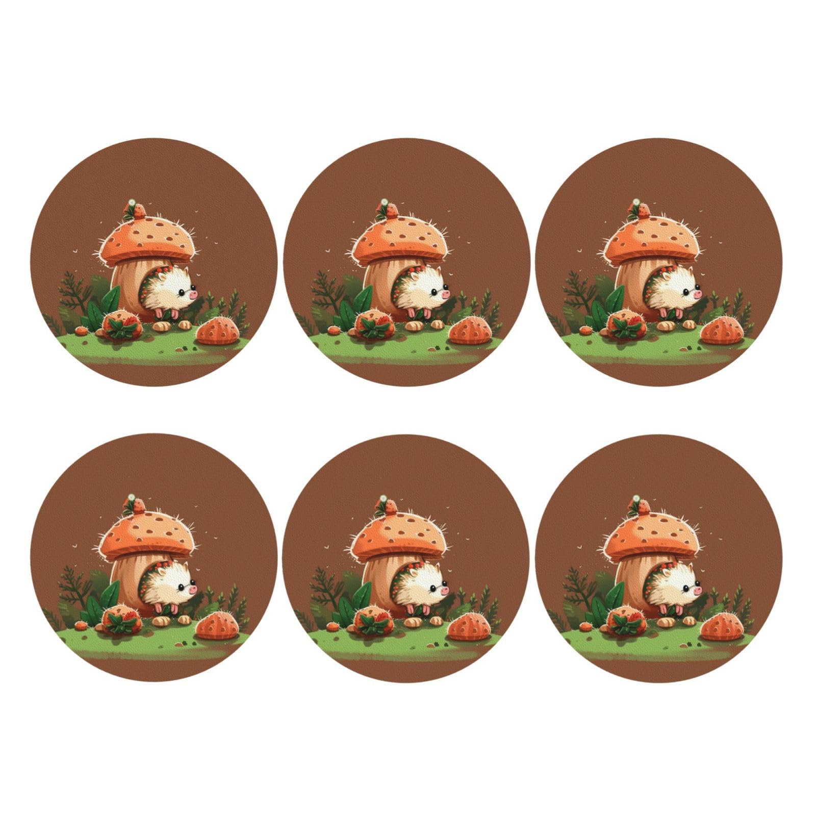 6pcs Leather Coasters for Drinks, Hedgehog and Mushroom Drink Coasters for Tabletop Protection, 4" Cup Coasters for Coffee Table Decor, Non-Slip Drinking Cup Mat for Hot Or Cold Drink