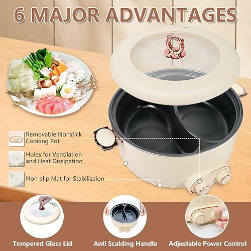 Miniatura 5 de 7L Hot Pot Electric with Divider, 2000W Rapid Heating Non-Stick Electric Pot, Dual Power Control (Separate Settings per Side), Easy-clean Ramen