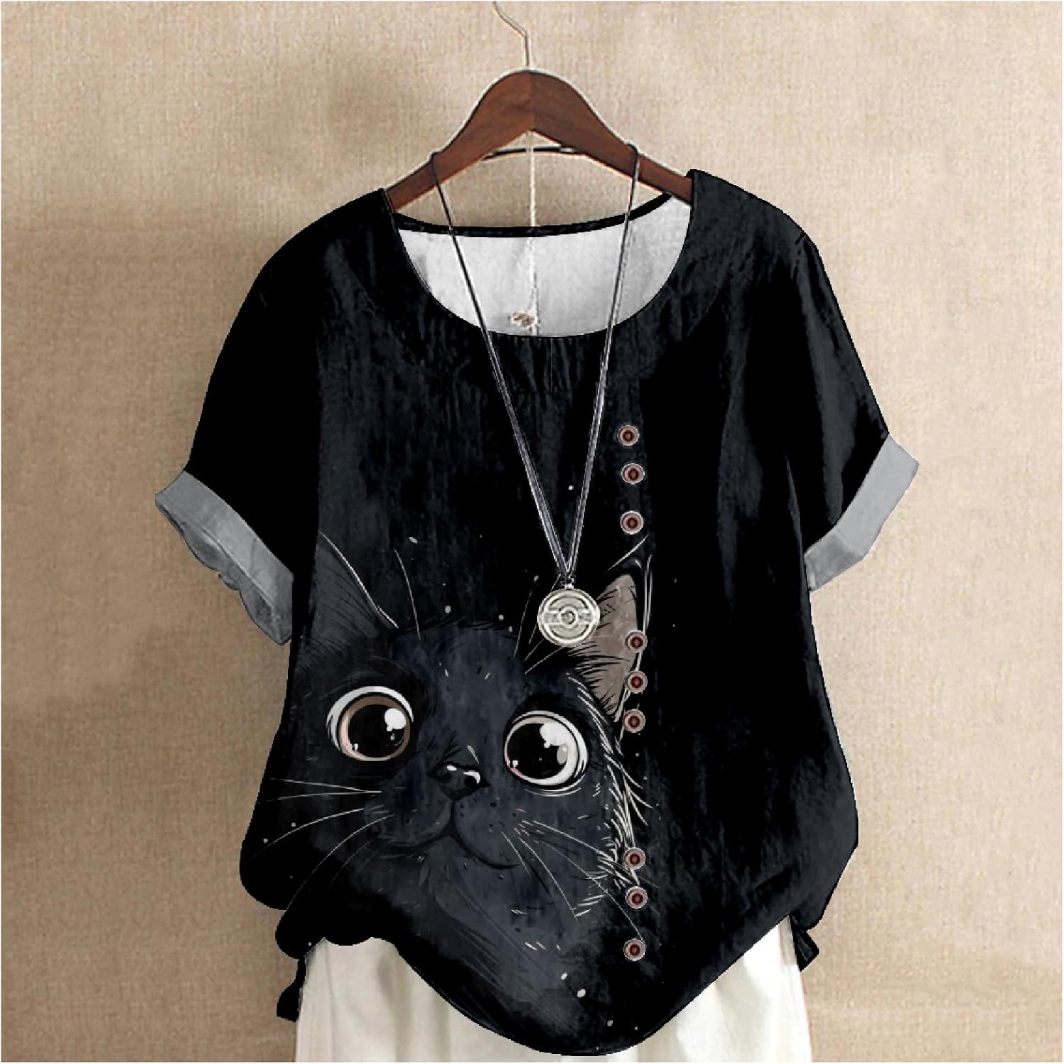 Summer Tops for Womens Cute Cat Print Short Sleeve Blouses Crewneck Lightweight Casual Lounge Japanese Art Tops - Image 2